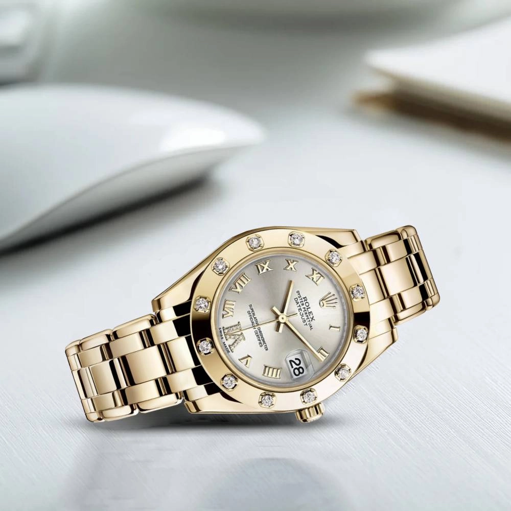 Rolex Pearlmaster 34mm - Ref: 81318-0036 - Silver Roman Diamond Dial & Diamond Bezel, 18K Yellow Gold Bracelet Women's Watch