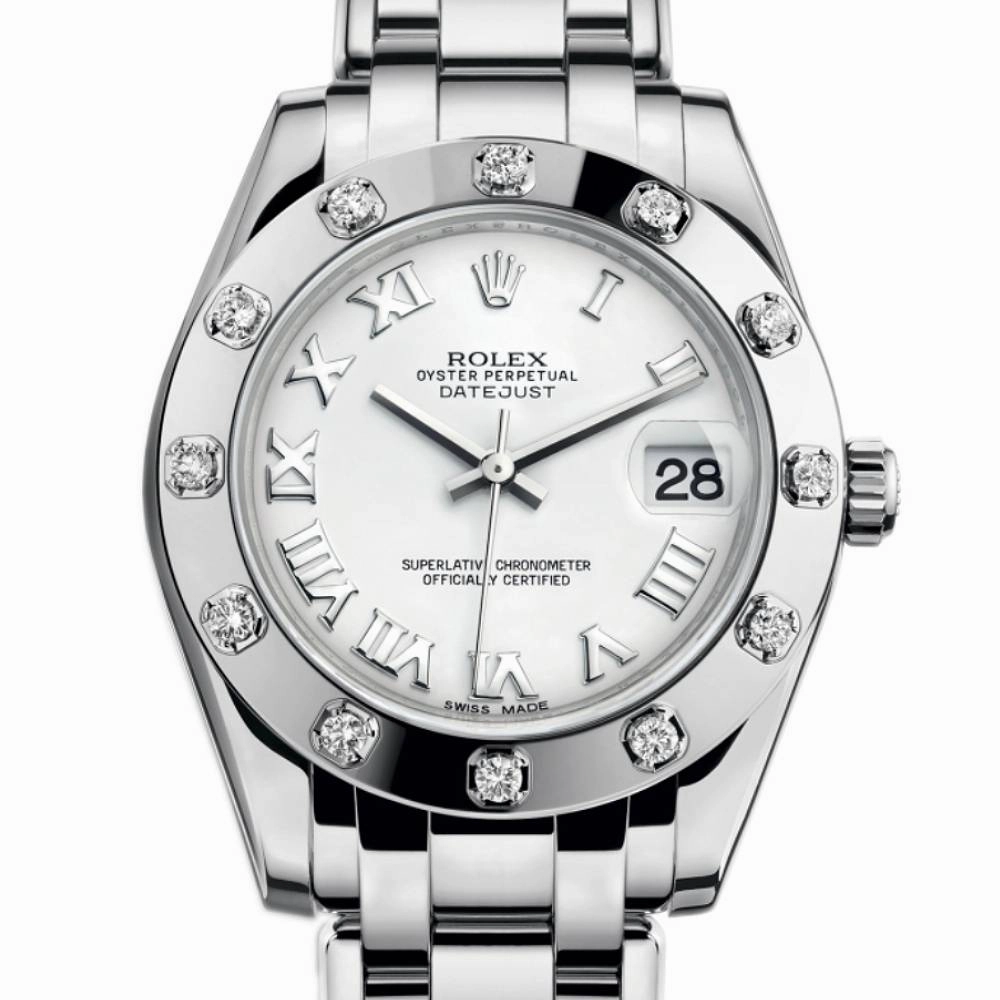 Rolex Pearlmaster 34mm - Ref: 81319-0008 - White Roman Dial & Diamond Bezel, 18K White Gold Bracelet Women's Watch