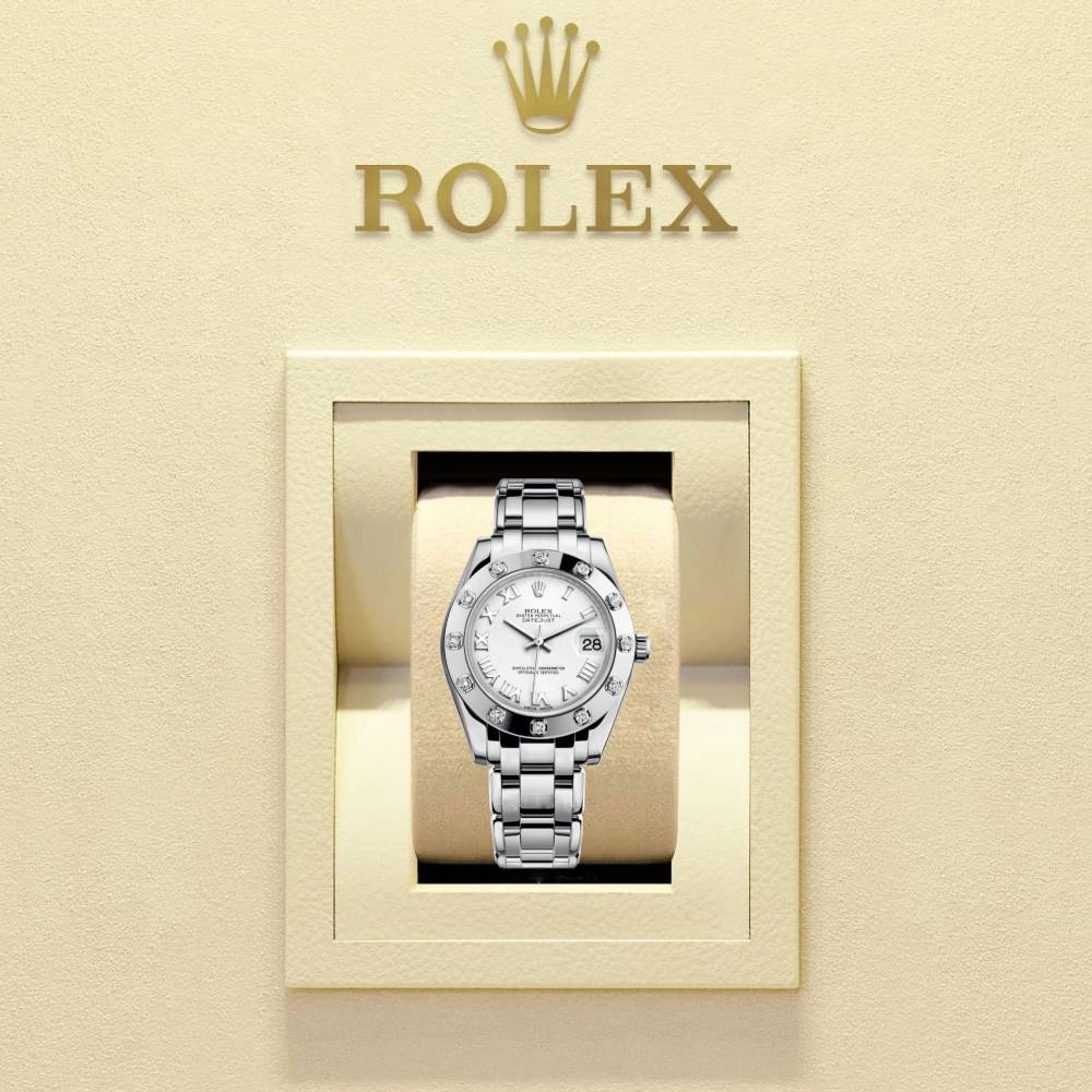 Rolex Pearlmaster 34mm - Ref: 81319-0008 - White Roman Dial & Diamond Bezel, 18K White Gold Bracelet Women's Watch