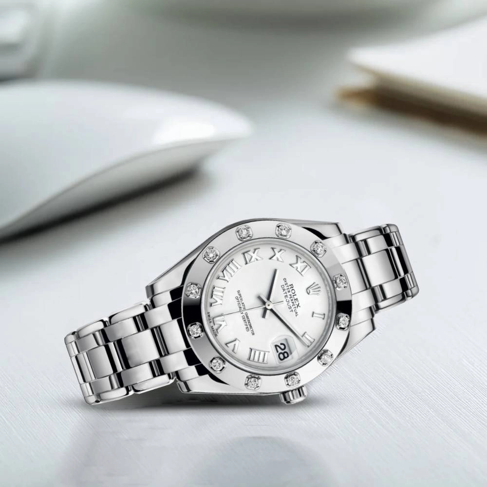 Rolex Pearlmaster 34mm - Ref: 81319-0008 - White Roman Dial & Diamond Bezel, 18K White Gold Bracelet Women's Watch
