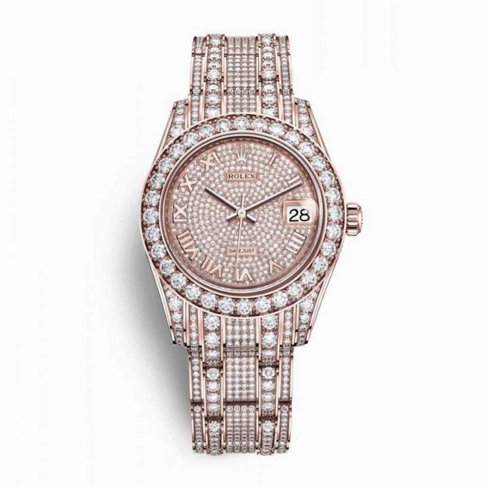Rolex Pearlmaster 34mm - Ref: 81405rbr-0001 - Pave Roman Diamond Dial, Diamond Bezel & Diamond Case, 18K Rose Gold Diamond Bracelet Women's Watch