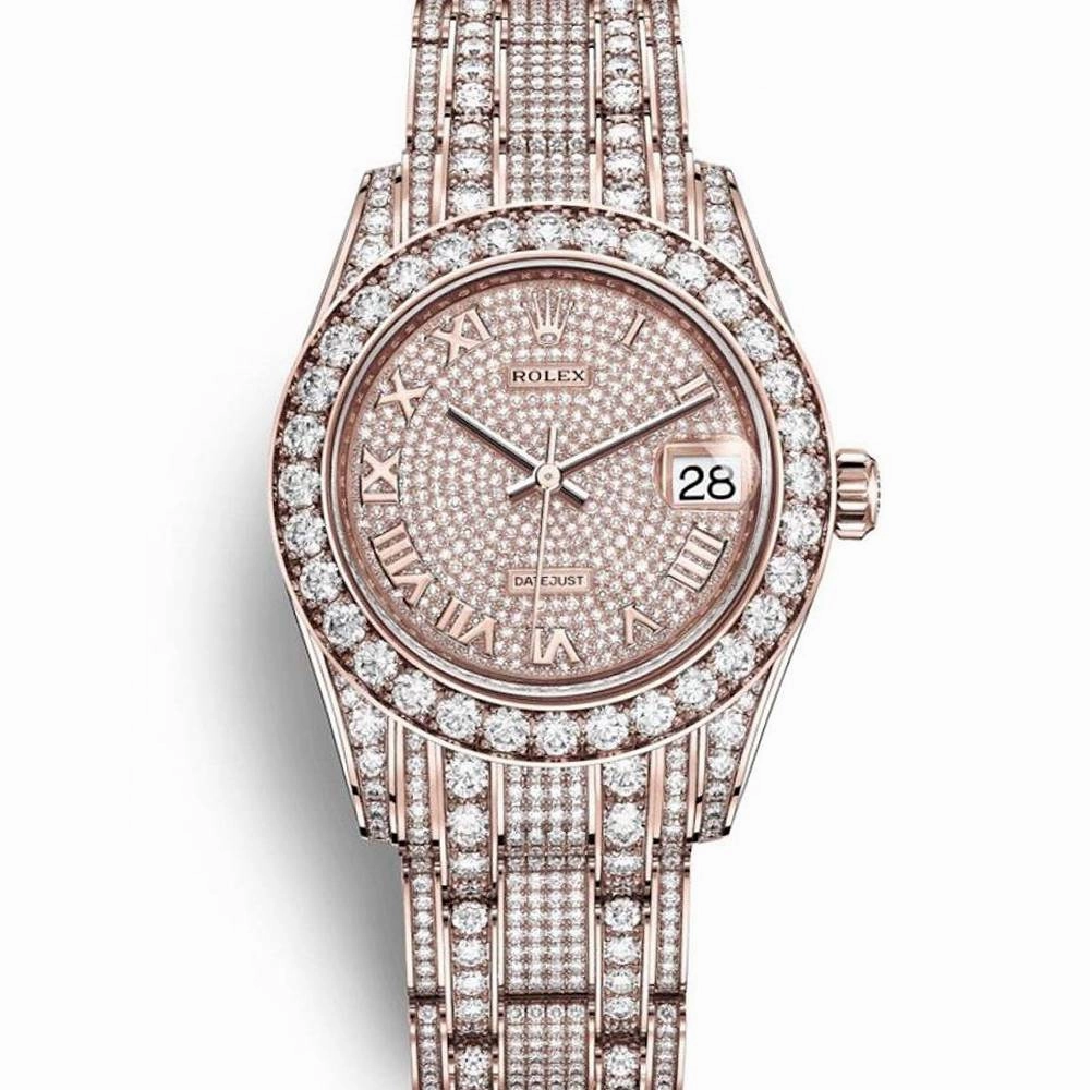 Rolex Pearlmaster 34mm - Ref: 81405rbr-0001 - Pave Roman Diamond Dial, Diamond Bezel & Diamond Case, 18K Rose Gold Diamond Bracelet Women's Watch