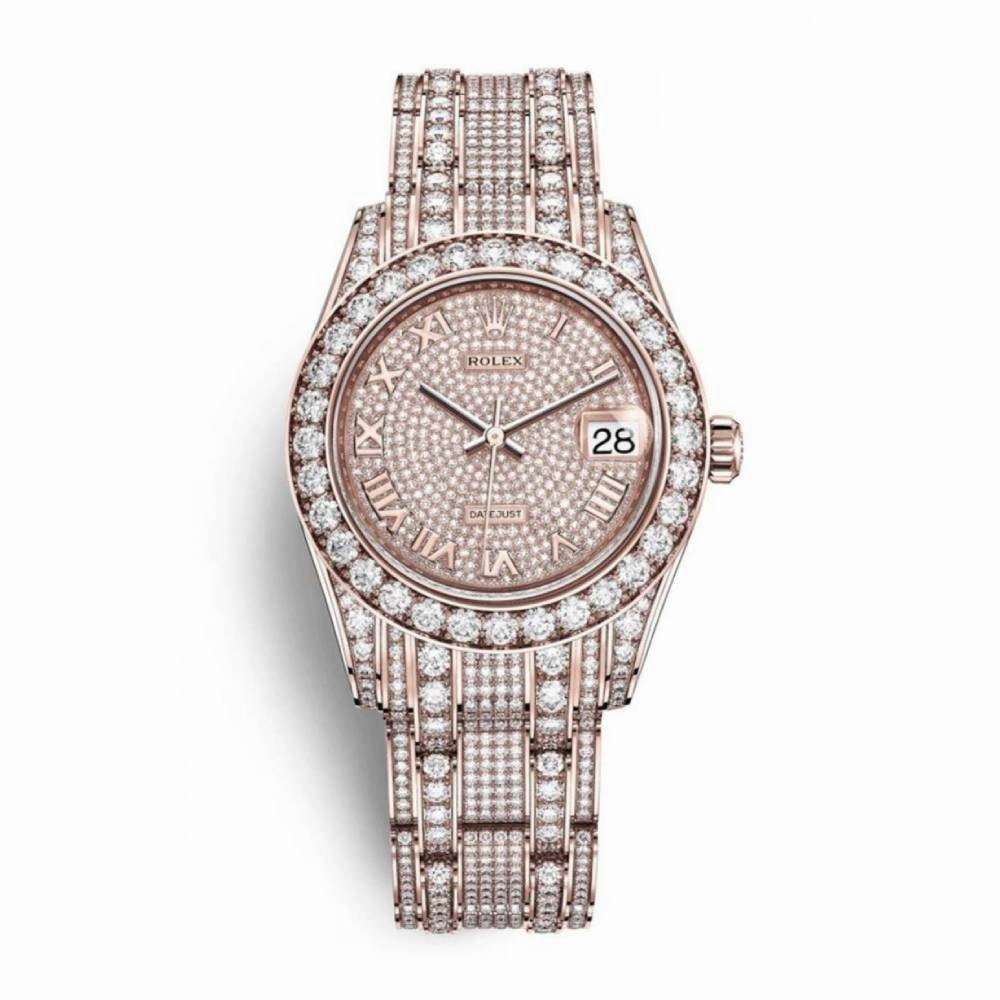 Rolex Pearlmaster 34mm - Ref: 81405rbr-0001 - Pave Roman Diamond Dial, Diamond Bezel & Diamond Case, 18K Rose Gold Diamond Bracelet Women's Watch