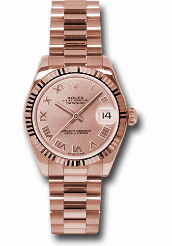 Rolex Pink Gold Datejust 31 Watch - Fluted Bezel - Pink Champagne Roman Dial - President Bracelet 178275 prp
