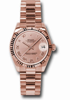 Rolex Pink Gold Datejust 31 Watch - Fluted Bezel - Pink Champagne Roman Dial - President Bracelet 178275 prp