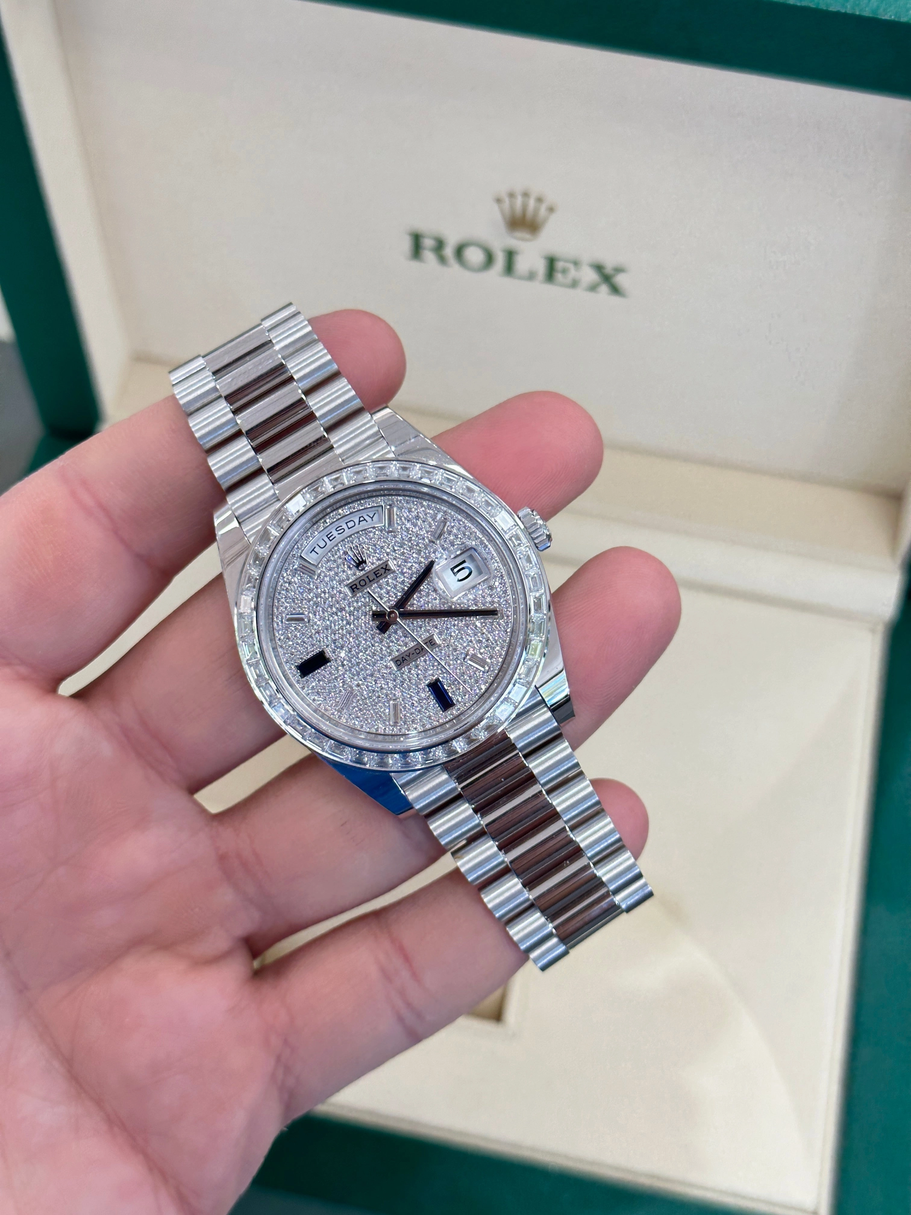 Rolex Platinum Day-Date 40 228396TBR Factory Paved Diamond Sapphire Dial Baguette Diamond Bezel Box/Papers MINT