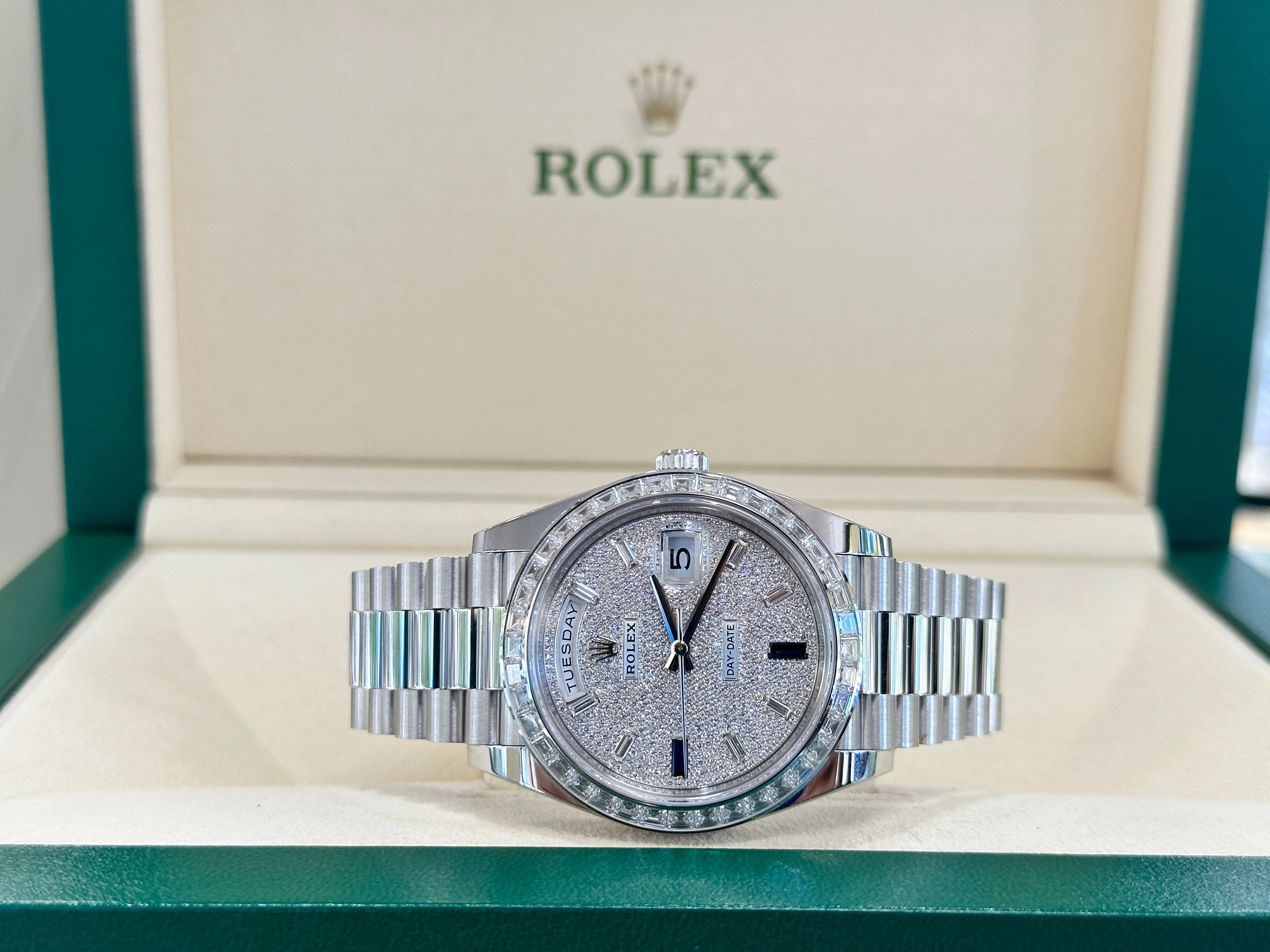Rolex Platinum Day-Date 40 228396TBR Factory Paved Diamond Sapphire Dial Baguette Diamond Bezel Box/Papers MINT