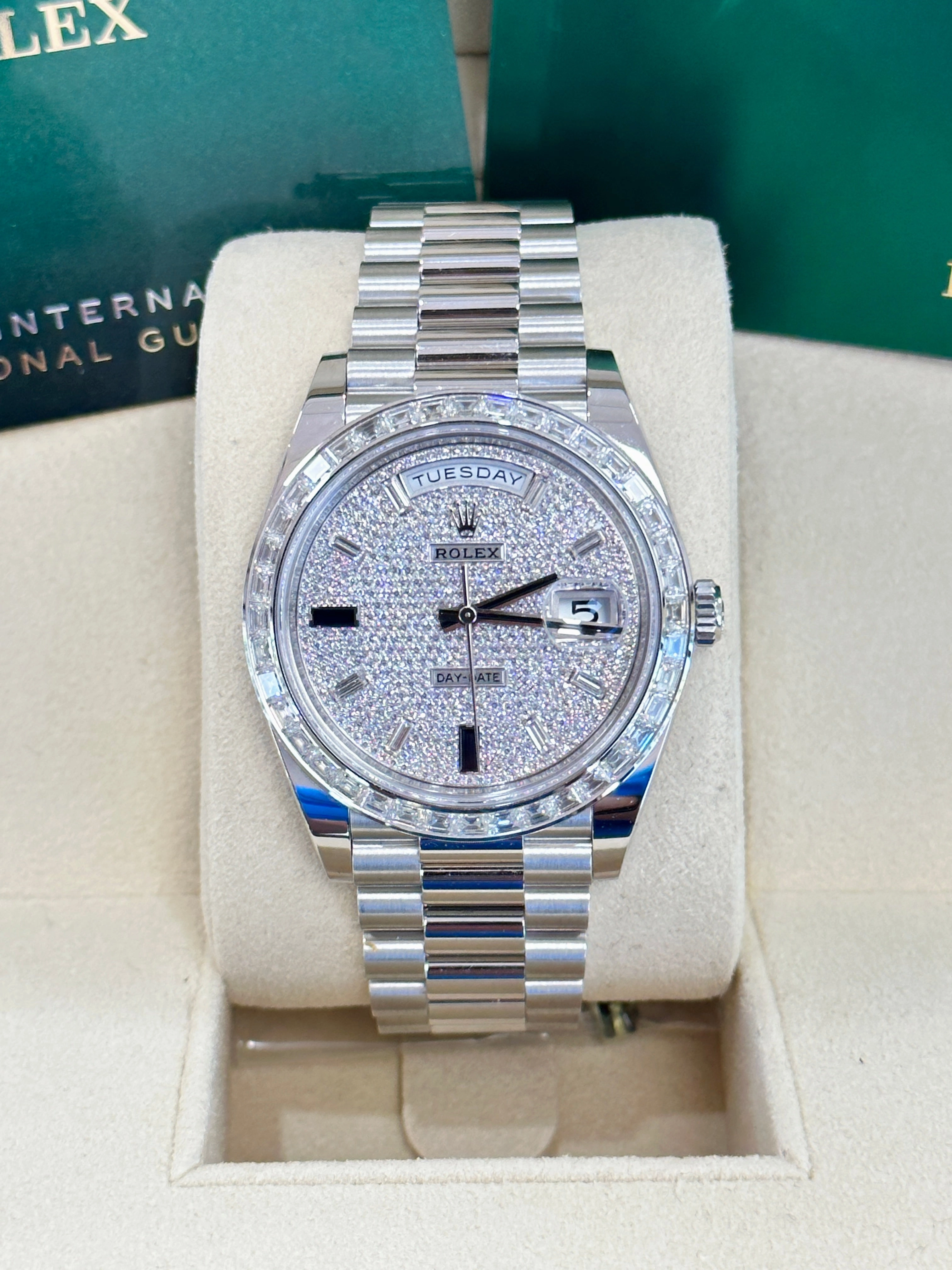 Rolex Platinum Day-Date 40 228396TBR Factory Paved Diamond Sapphire Dial Baguette Diamond Bezel Box/Papers MINT