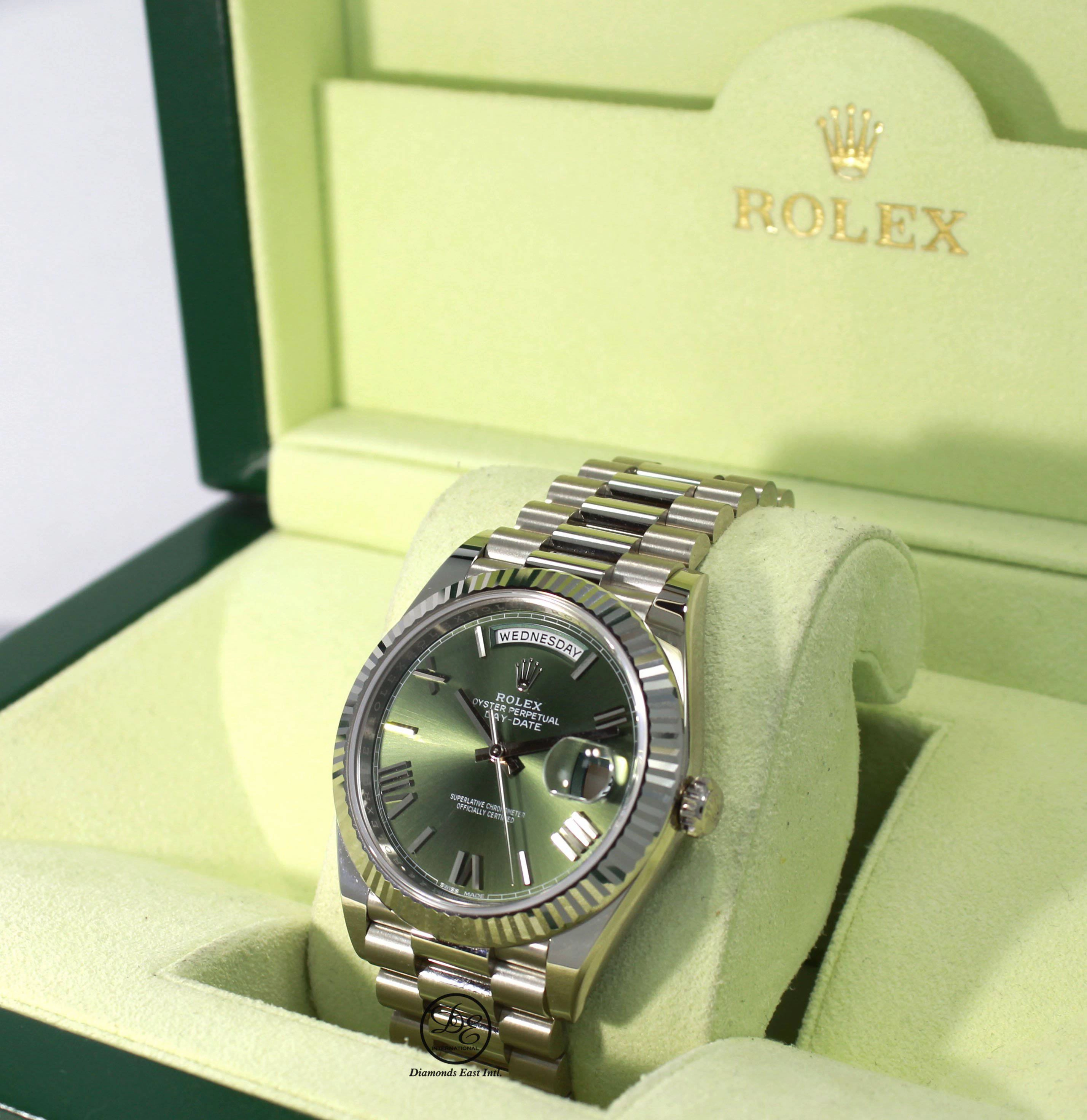 Rolex President 40mm Day-Date 228239 GRNRP 18K White Gold Green Roman Dial Box/Papers