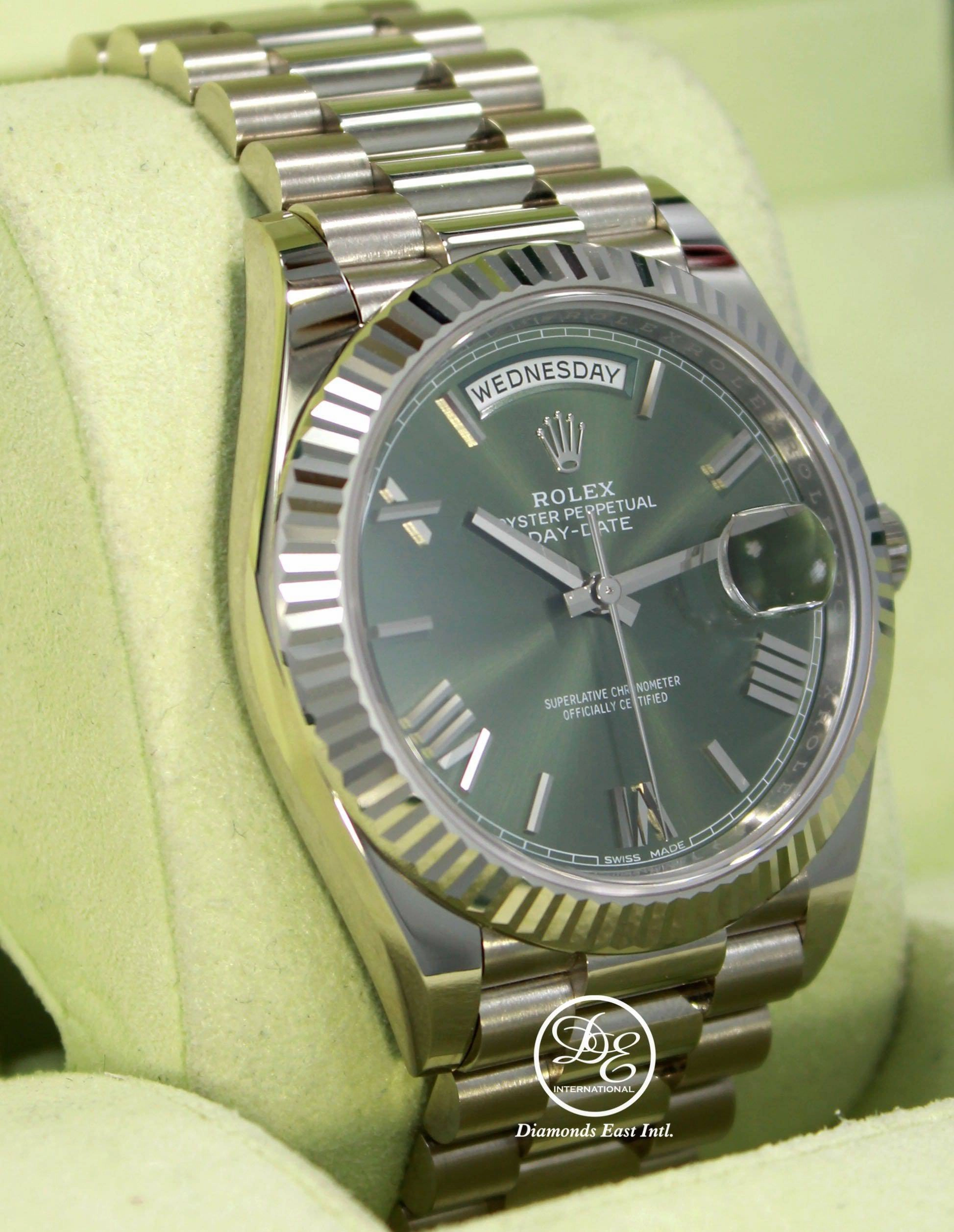 Rolex President 40mm Day-Date 228239 GRNRP 18K White Gold Green Roman Dial Box/Papers