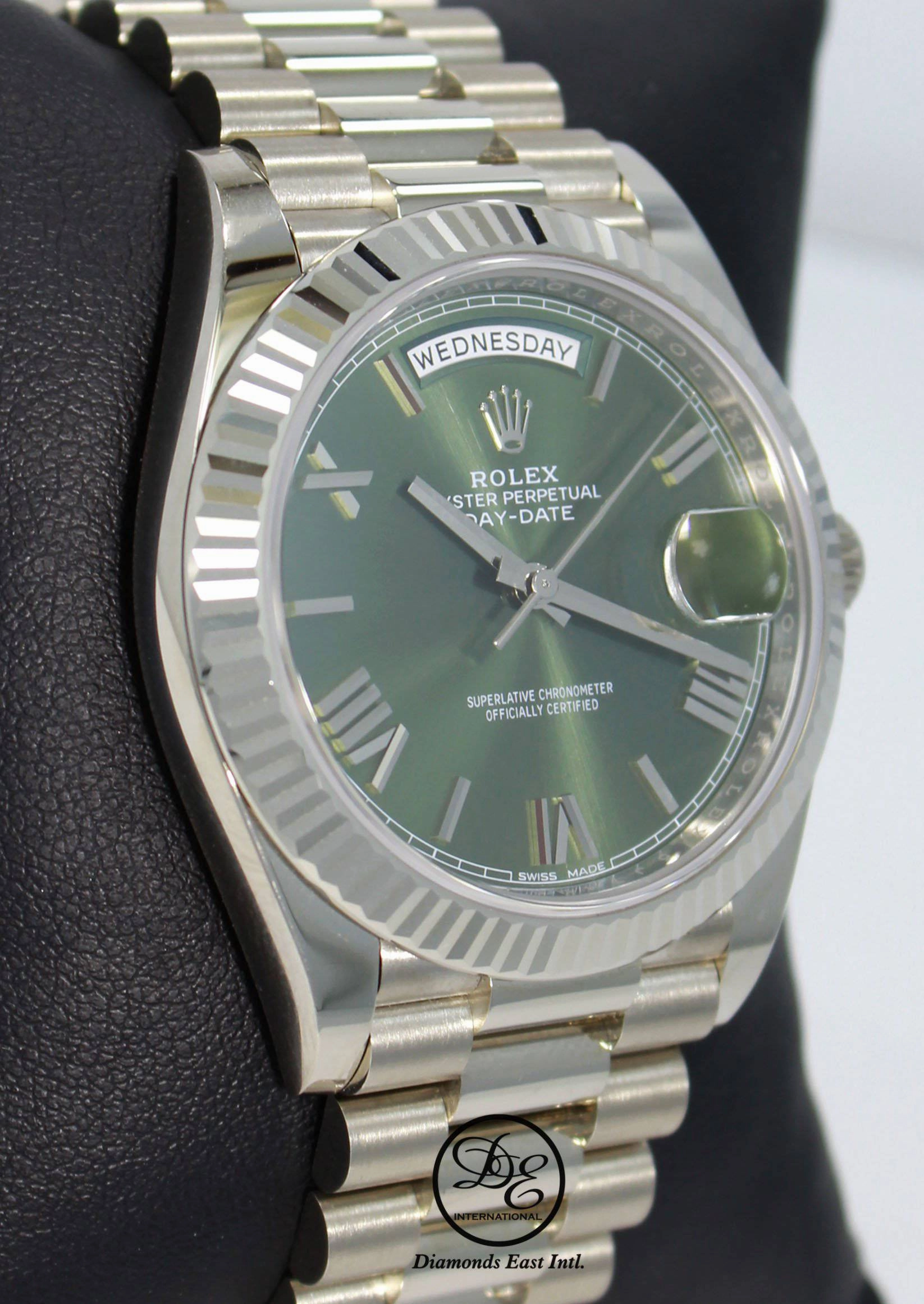 Rolex President 40mm Day-Date 228239 GRNRP 18K White Gold Green Roman Dial Box/Papers