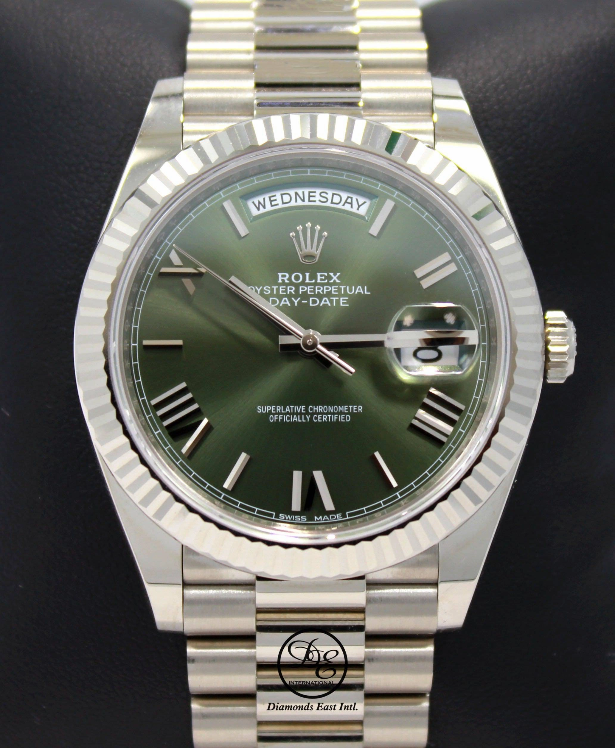 Rolex President 40mm Day-Date 228239 GRNRP 18K White Gold Green Roman Dial Box/Papers