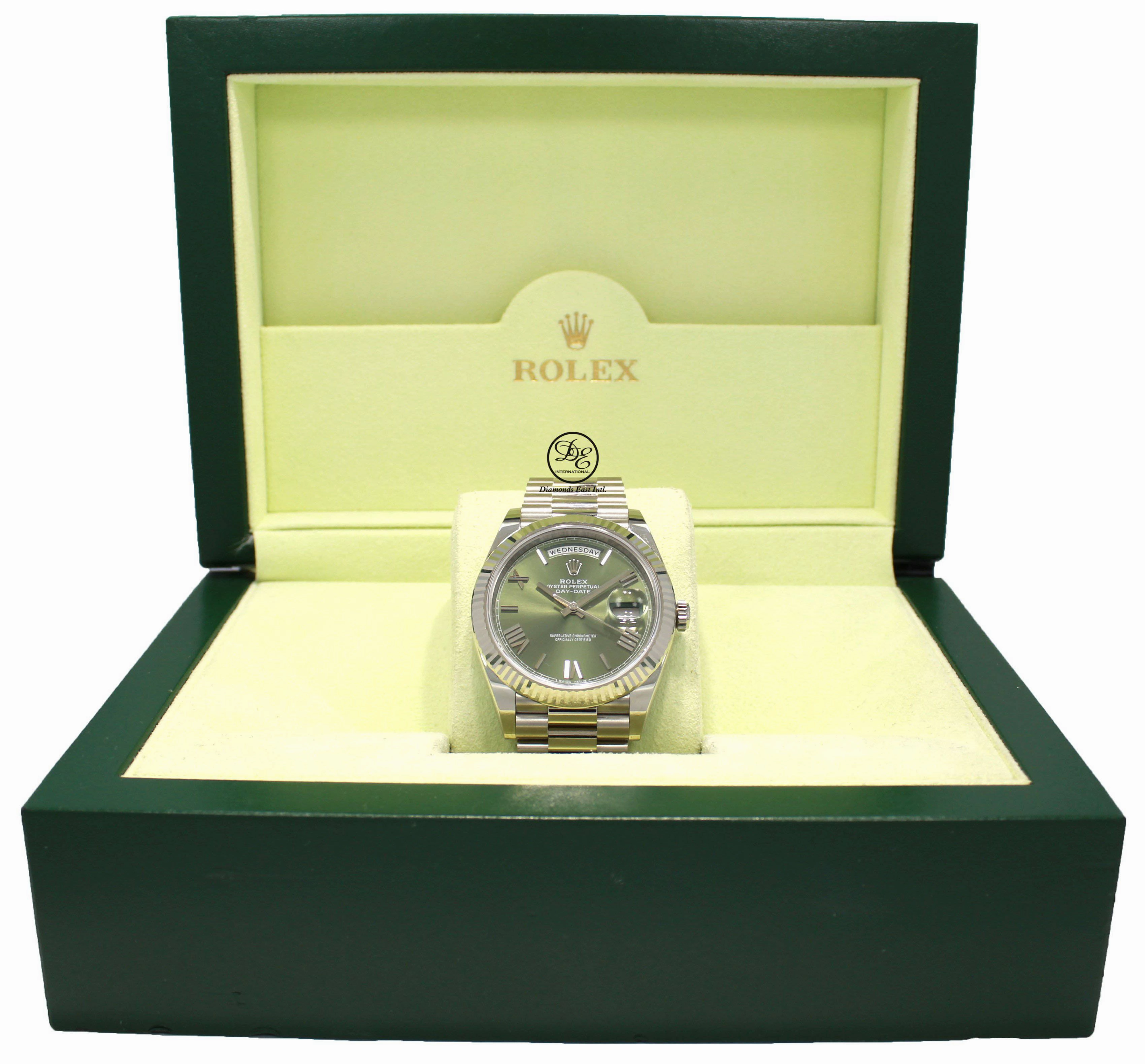 Rolex President 40mm Day-Date 228239 GRNRP 18K White Gold Green Roman Dial Box/Papers