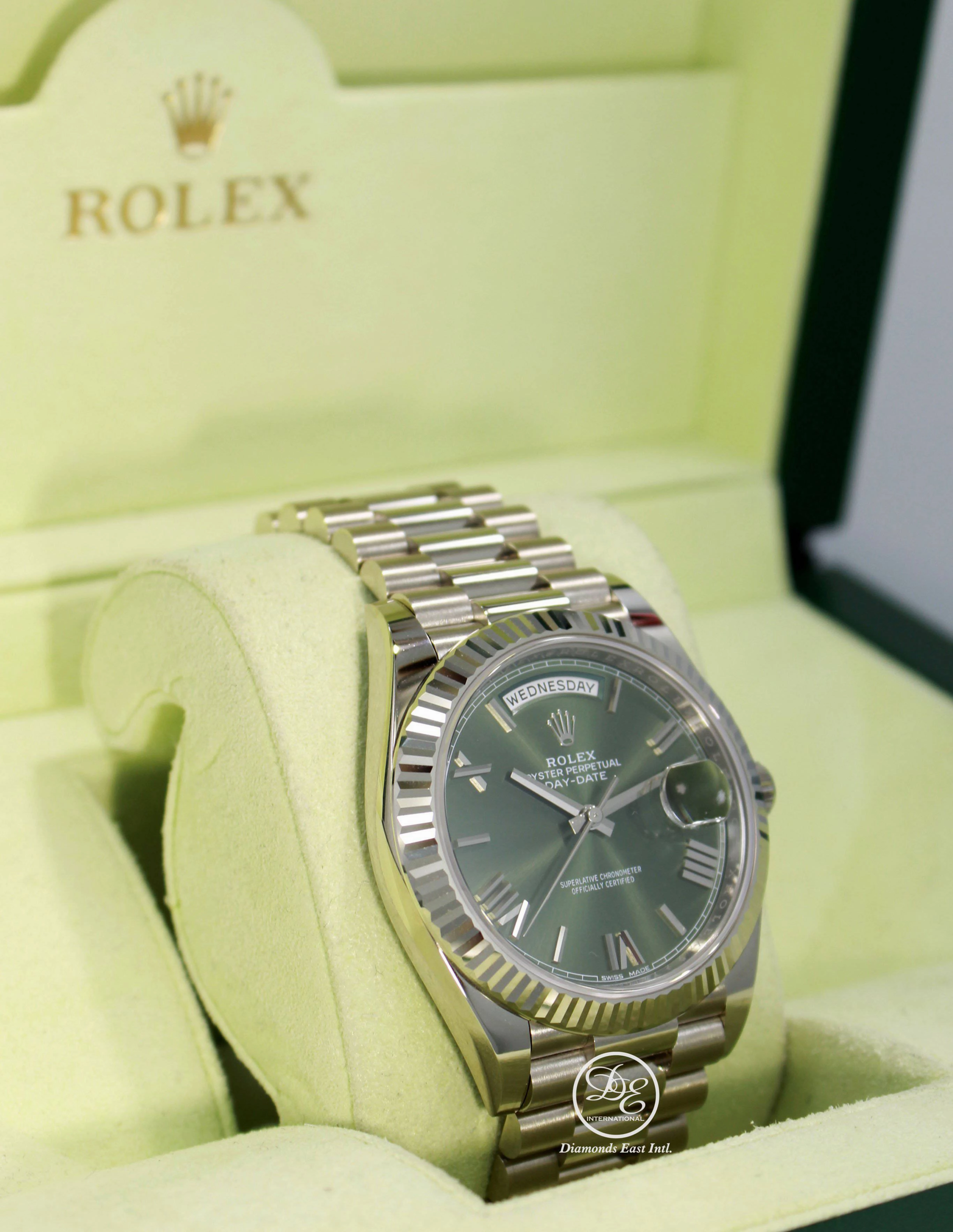 Rolex President 40mm Day-Date 228239 GRNRP 18K White Gold Green Roman Dial Box/Papers