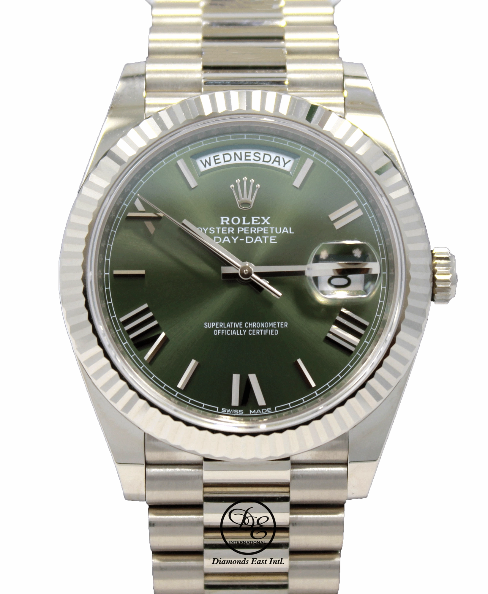 Rolex President 40mm Day-Date 228239 GRNRP 18K White Gold Green Roman Dial Box/Papers