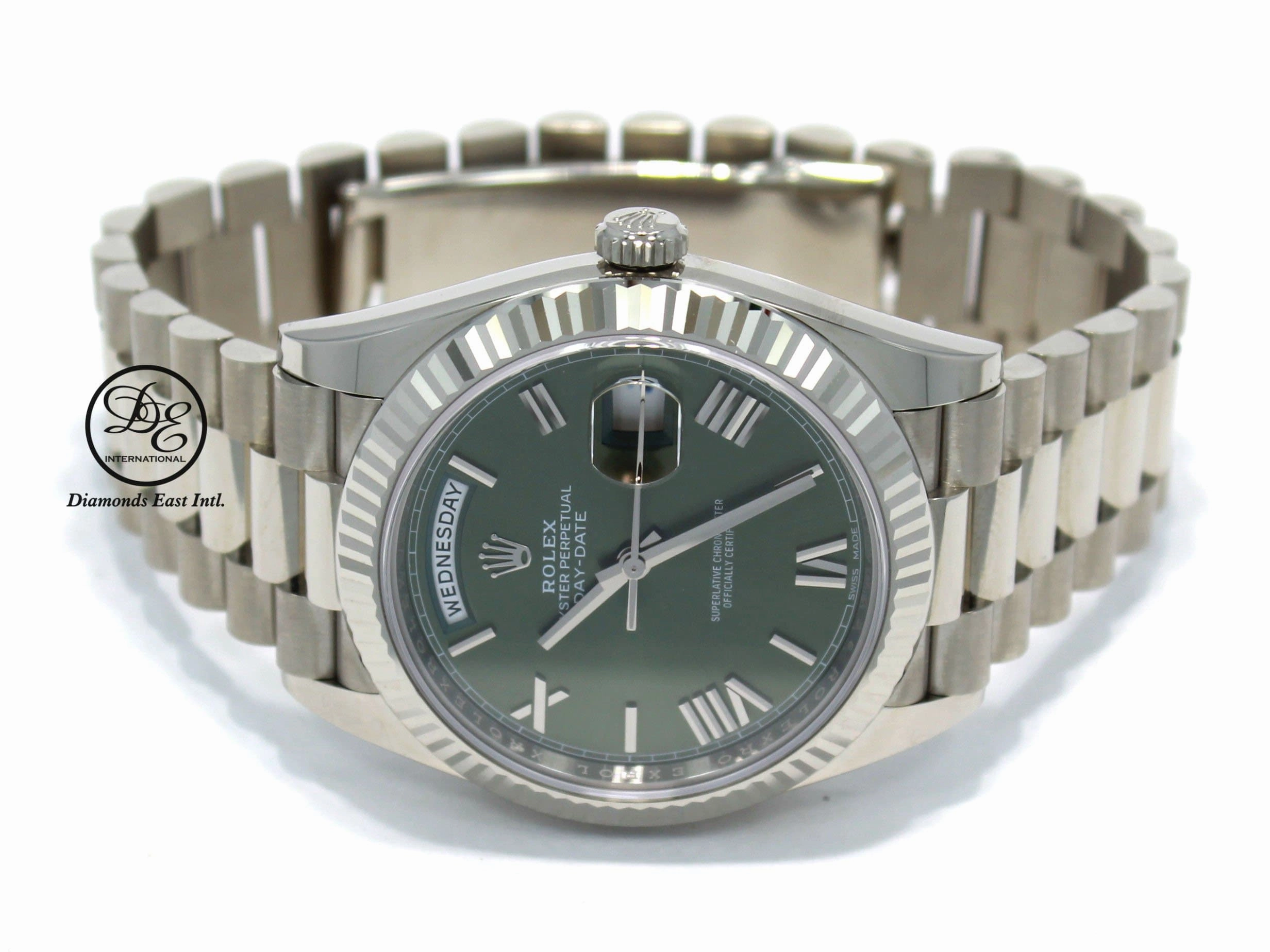 Rolex President 40mm Day-Date 228239 GRNRP 18K White Gold Green Roman Dial Box/Papers