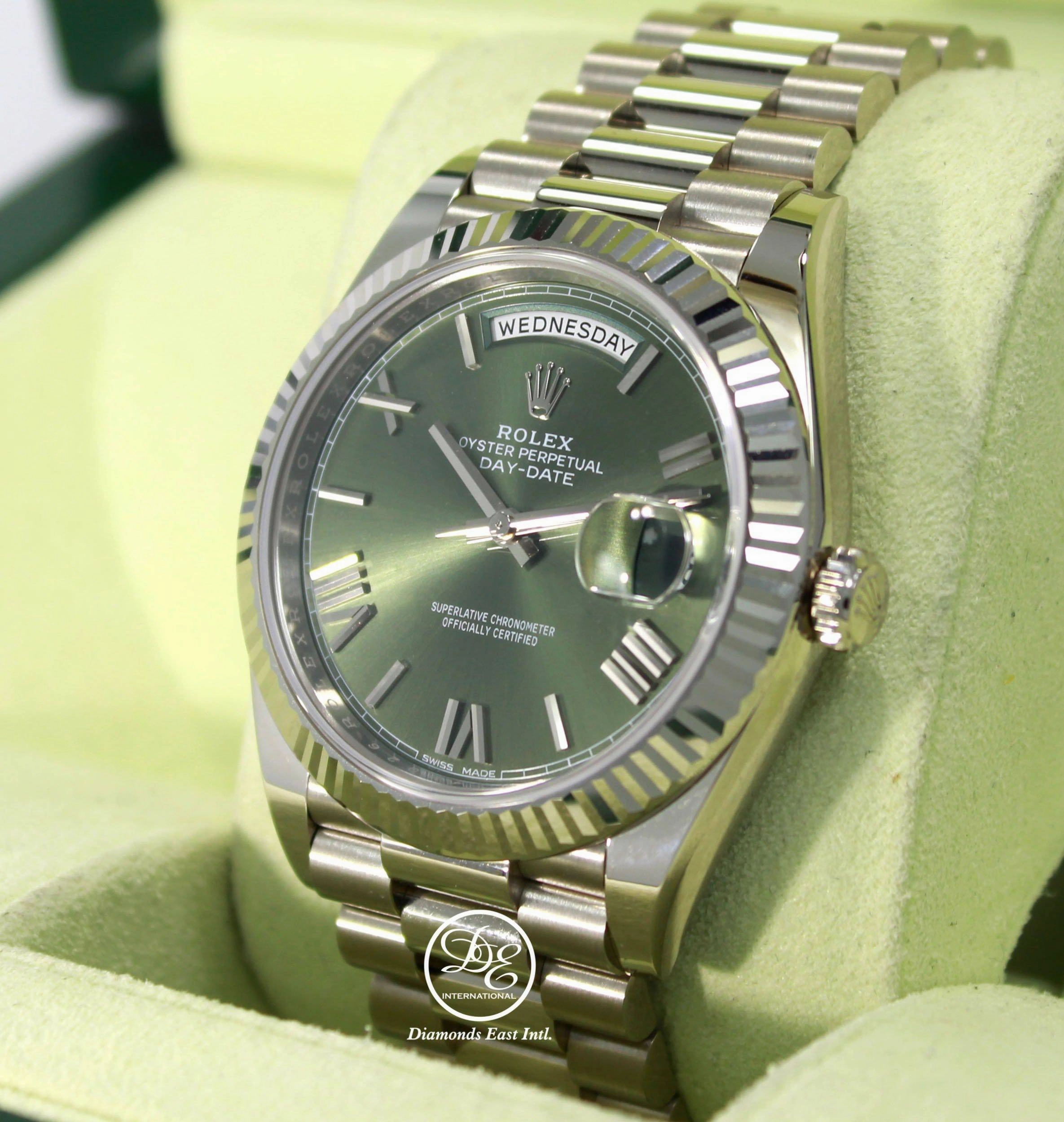 Rolex President 40mm Day-Date 228239 GRNRP 18K White Gold Green Roman Dial Box/Papers