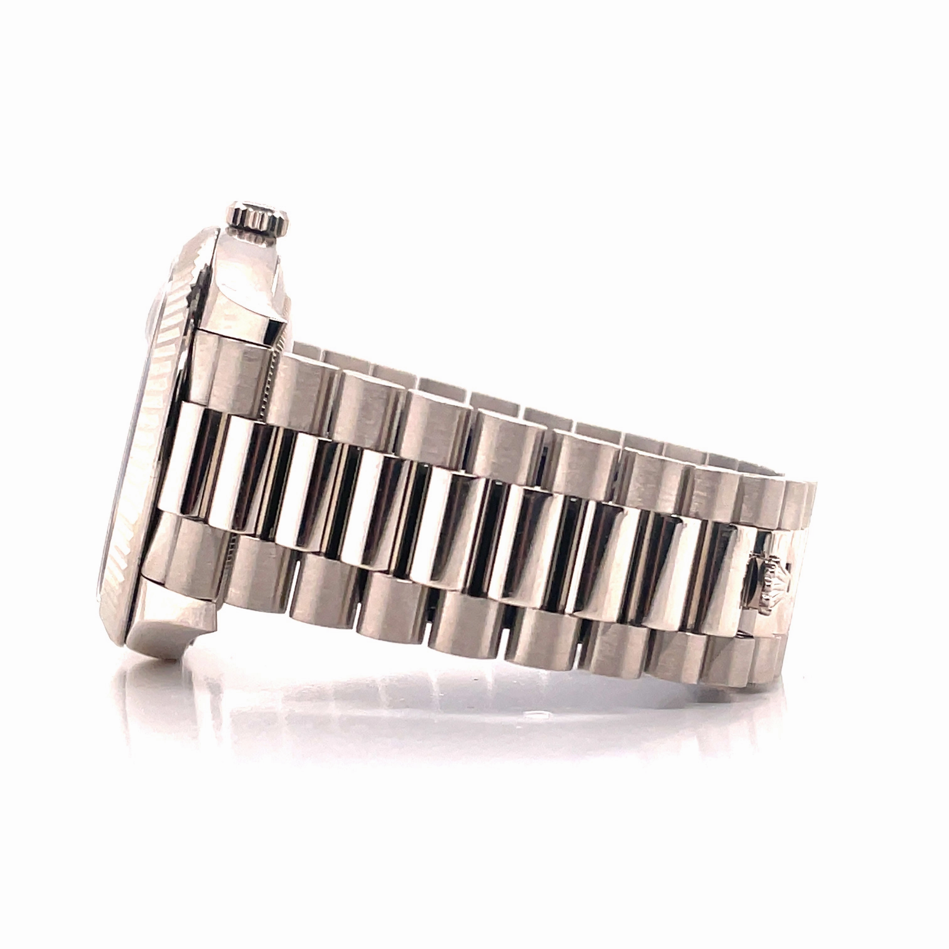 Rolex President Day-Date 40 228239 18k White Gold Fluted Bezel Black Index Dial Box and Papers