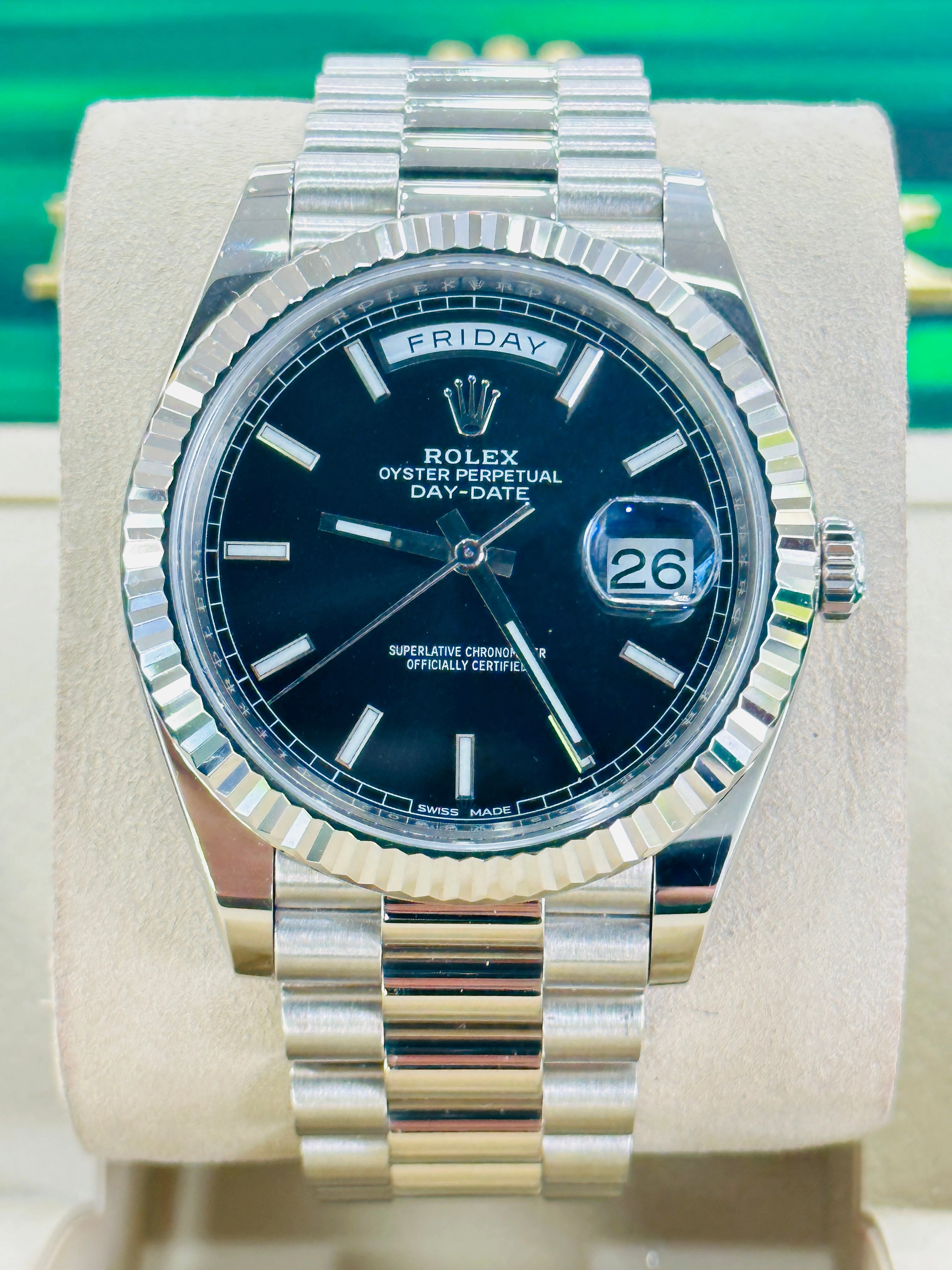 Rolex President Day-Date 40 228239 18k White Gold Fluted Bezel Black Index Dial Box and Papers