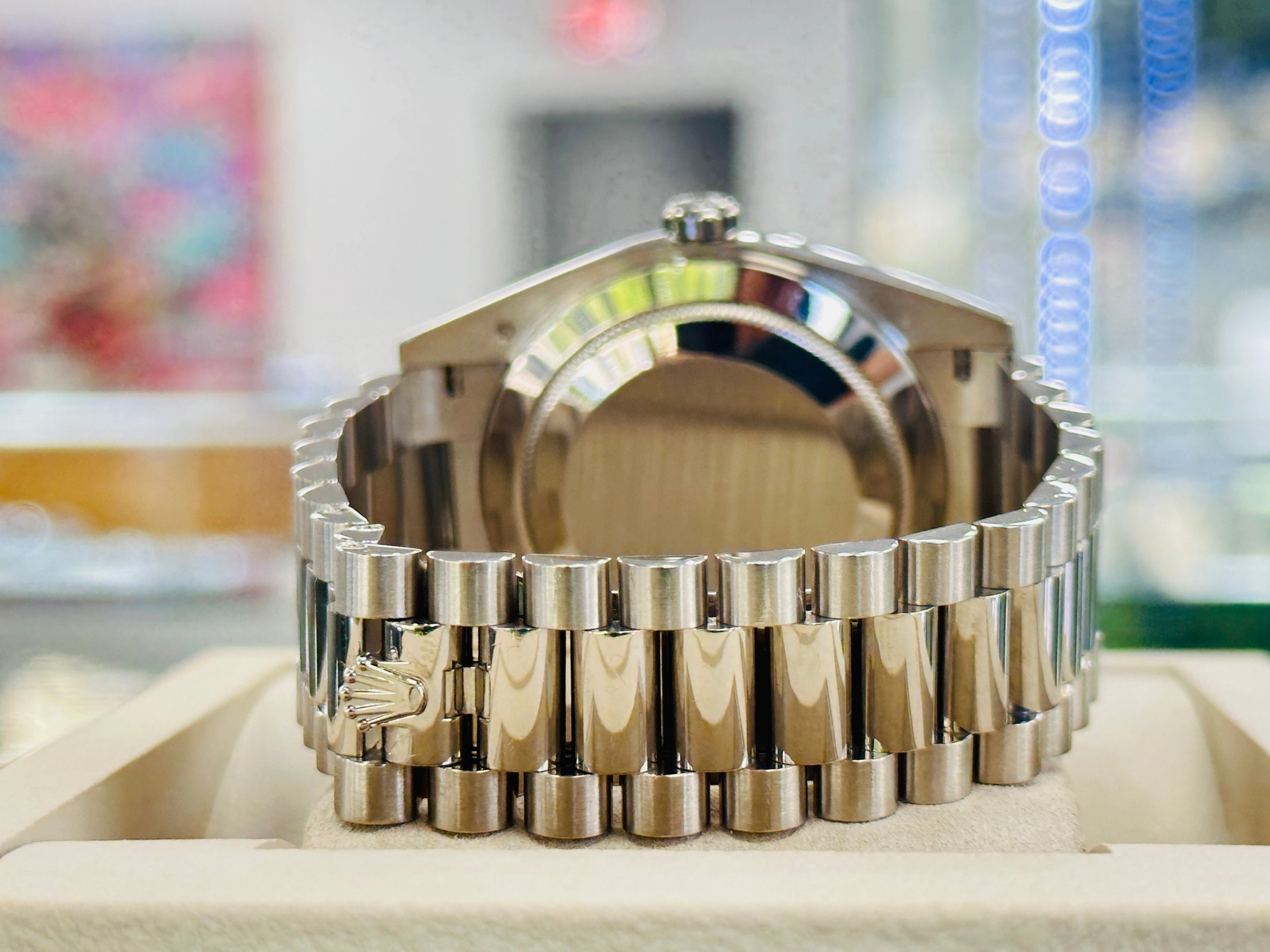 Rolex President Day-Date 40 228239 18k White Gold Fluted Bezel Black Index Dial Box and Papers