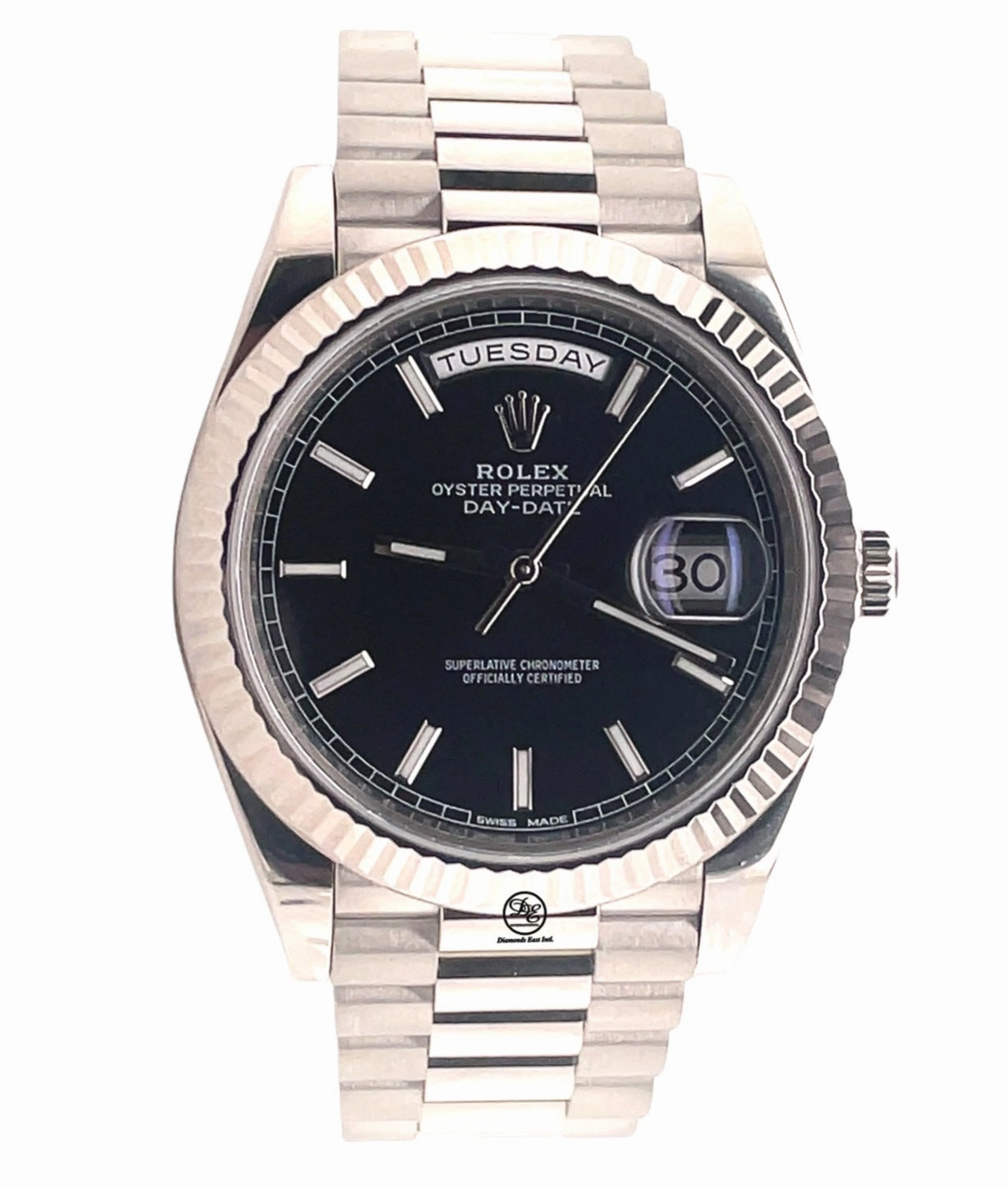 Rolex President Day-Date 40 228239 18k White Gold Fluted Bezel Black Index Dial Box and Papers