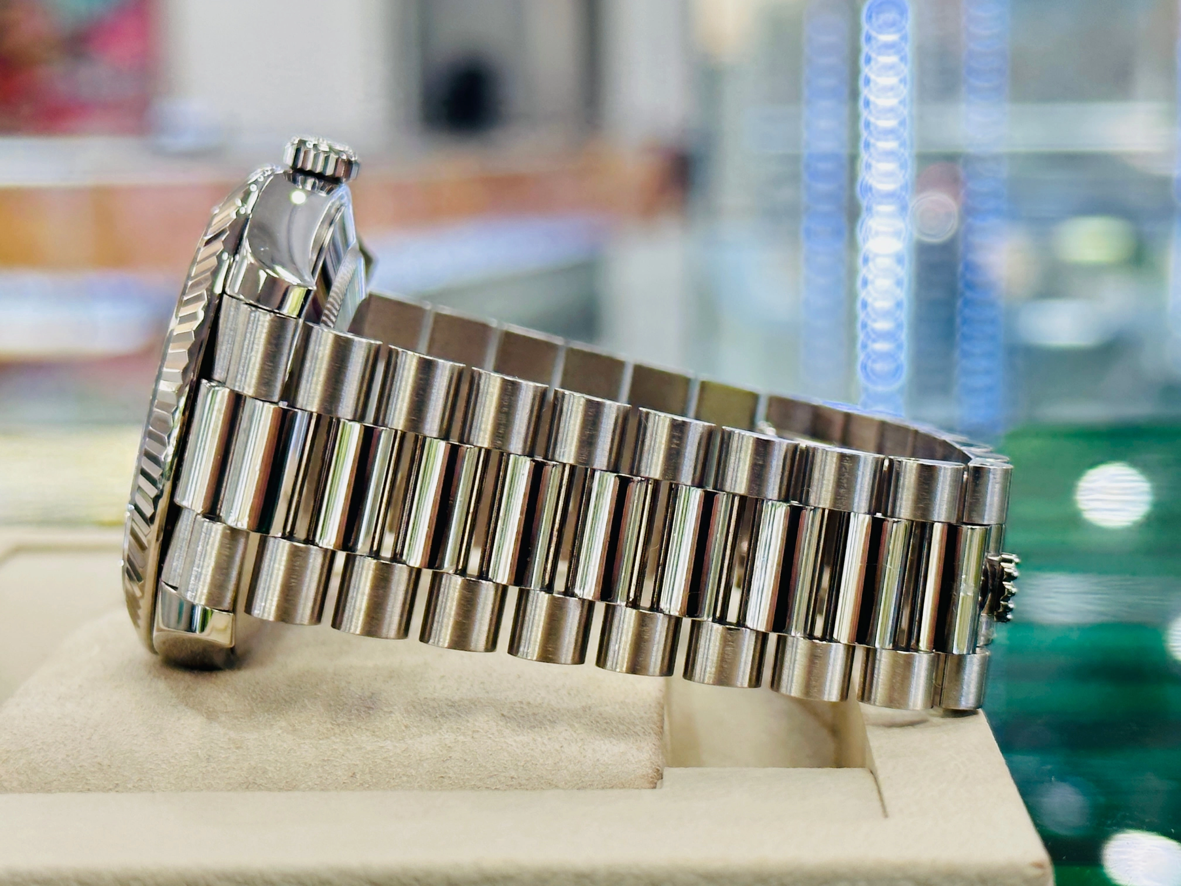 Rolex President Day-Date 40 228239 18k White Gold Fluted Bezel Black Index Dial Box and Papers