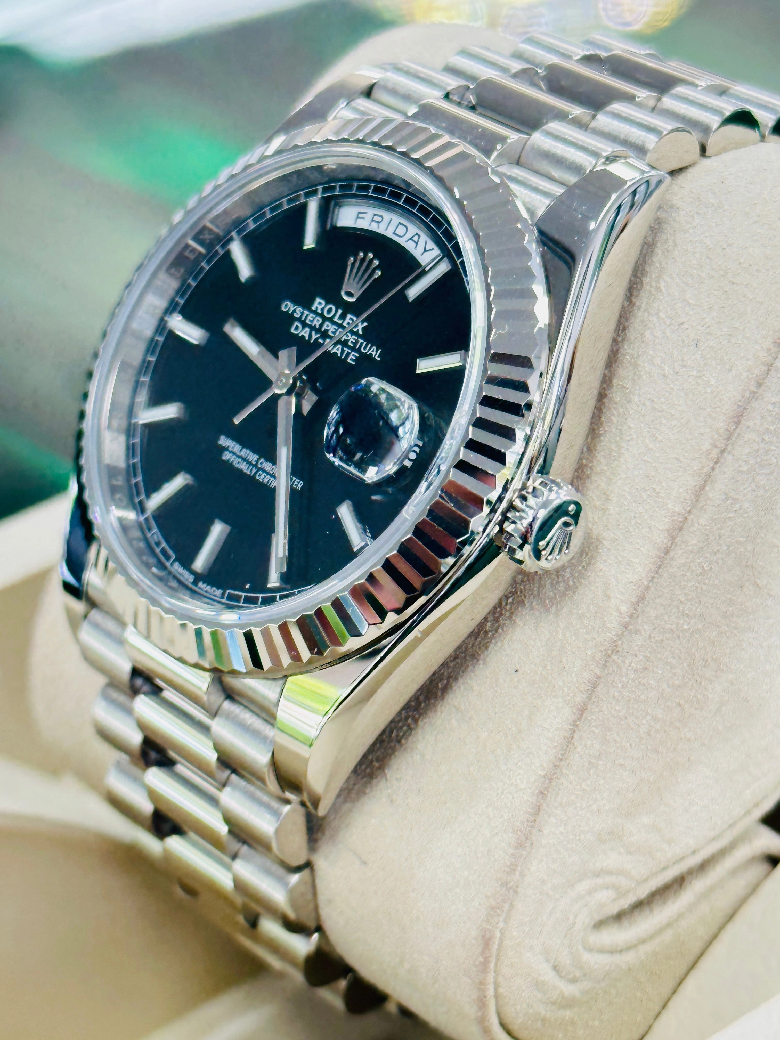 Rolex President Day-Date 40 228239 18k White Gold Fluted Bezel Black Index Dial Box and Papers