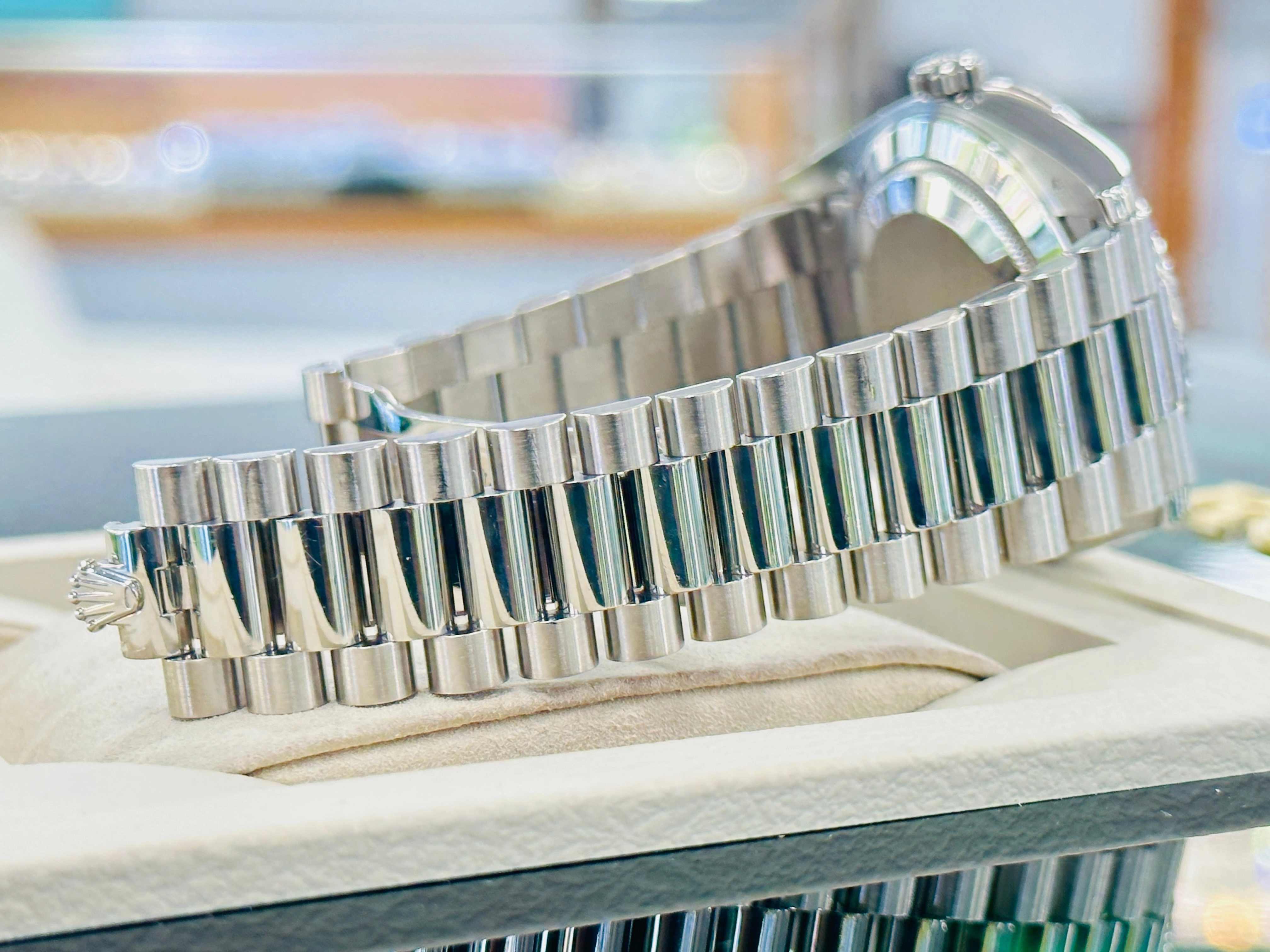 Rolex President Day-Date 40 228239 18k White Gold Fluted Bezel Black Index Dial Box and Papers