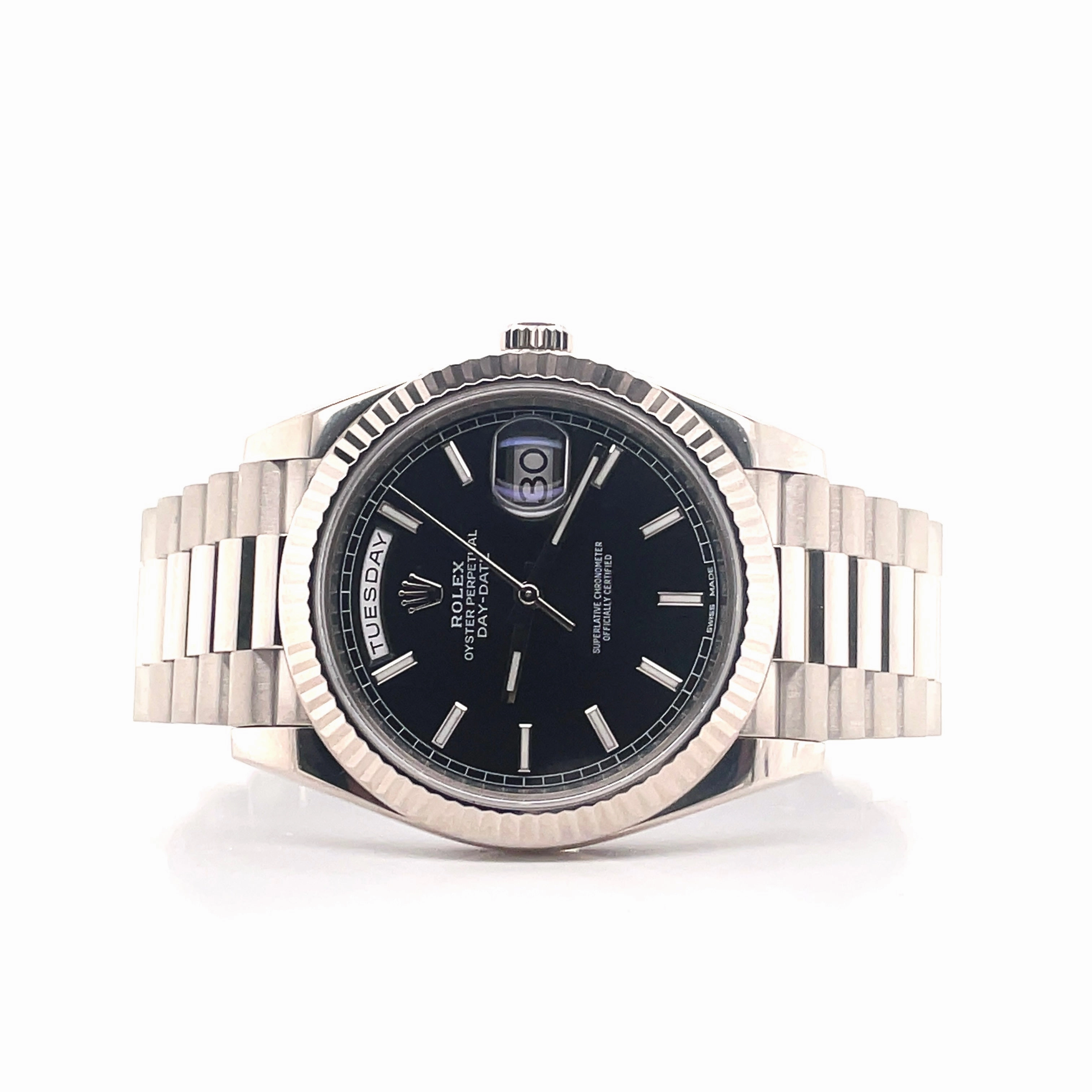 Rolex President Day-Date 40 228239 18k White Gold Fluted Bezel Black Index Dial Box and Papers