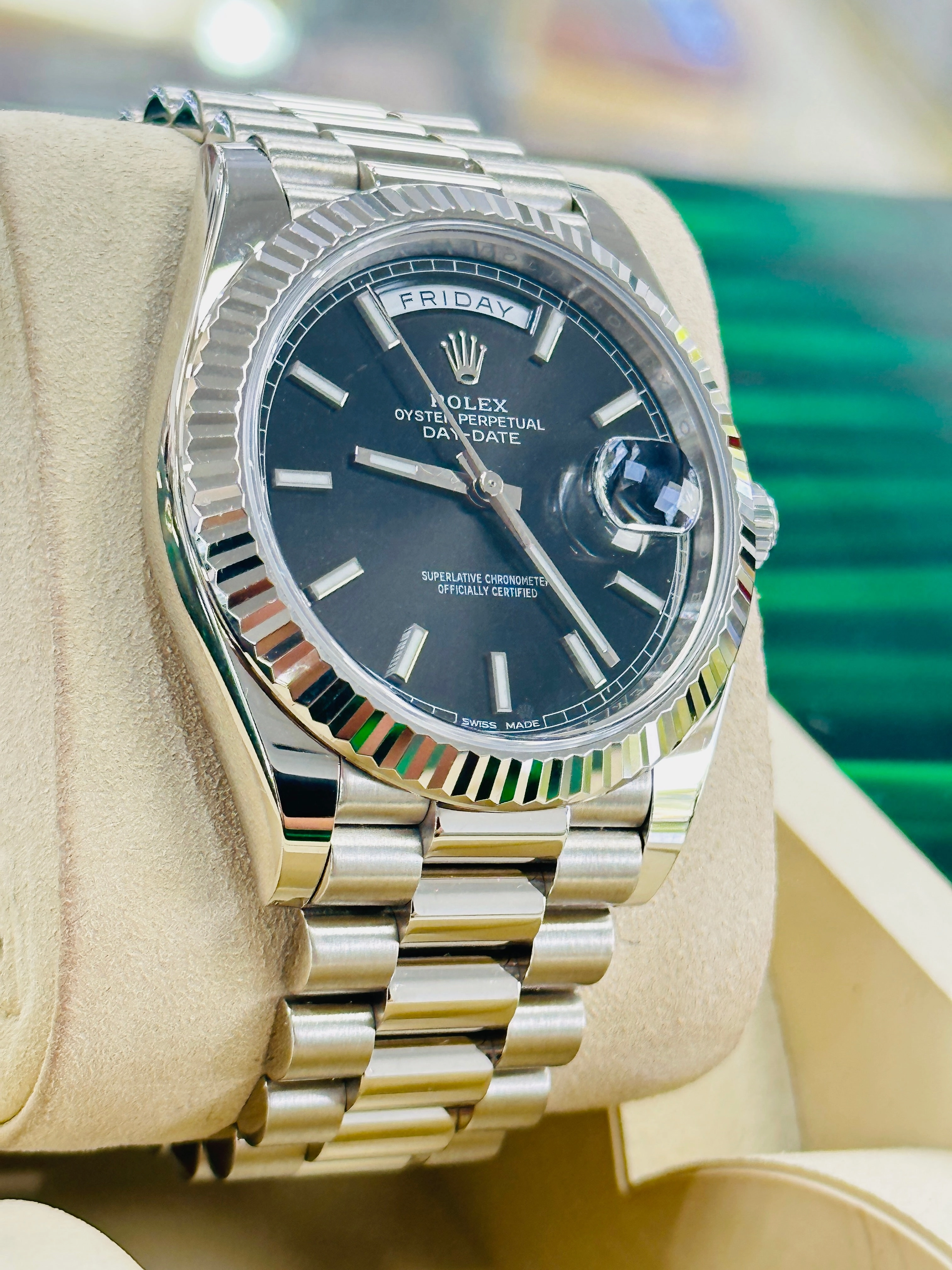 Rolex President Day-Date 40 228239 18k White Gold Fluted Bezel Black Index Dial Box and Papers