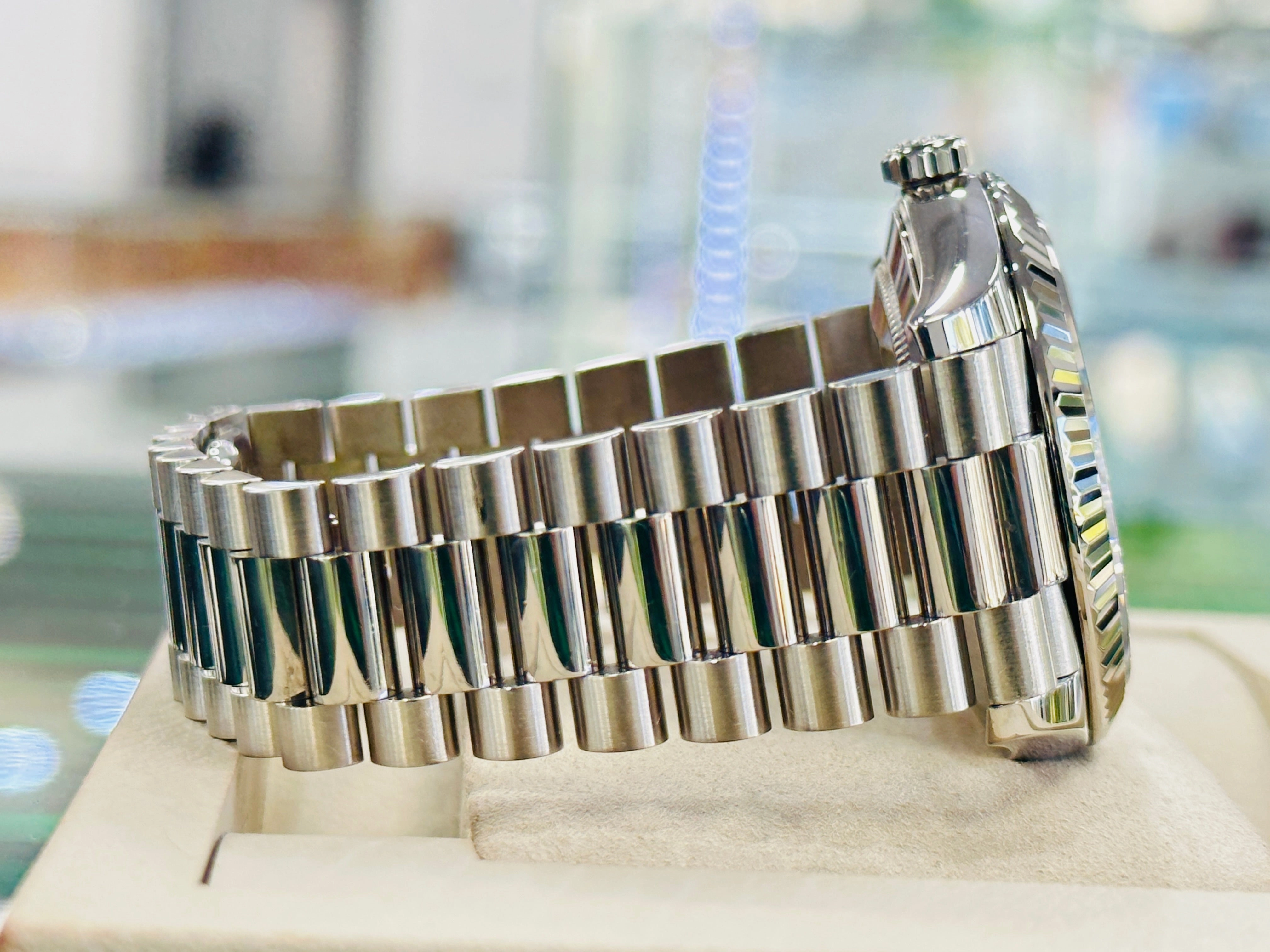 Rolex President Day-Date 40 228239 18k White Gold Fluted Bezel Black Index Dial Box and Papers