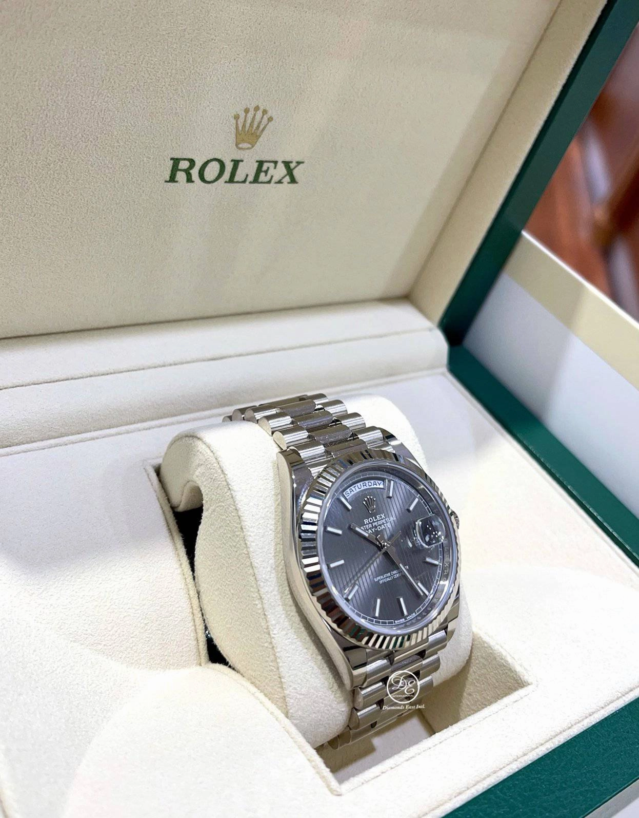 Rolex President Day-Date 40MM 228239 Grey Rhodium Tuxedo Dial PreOwned Box and Papers