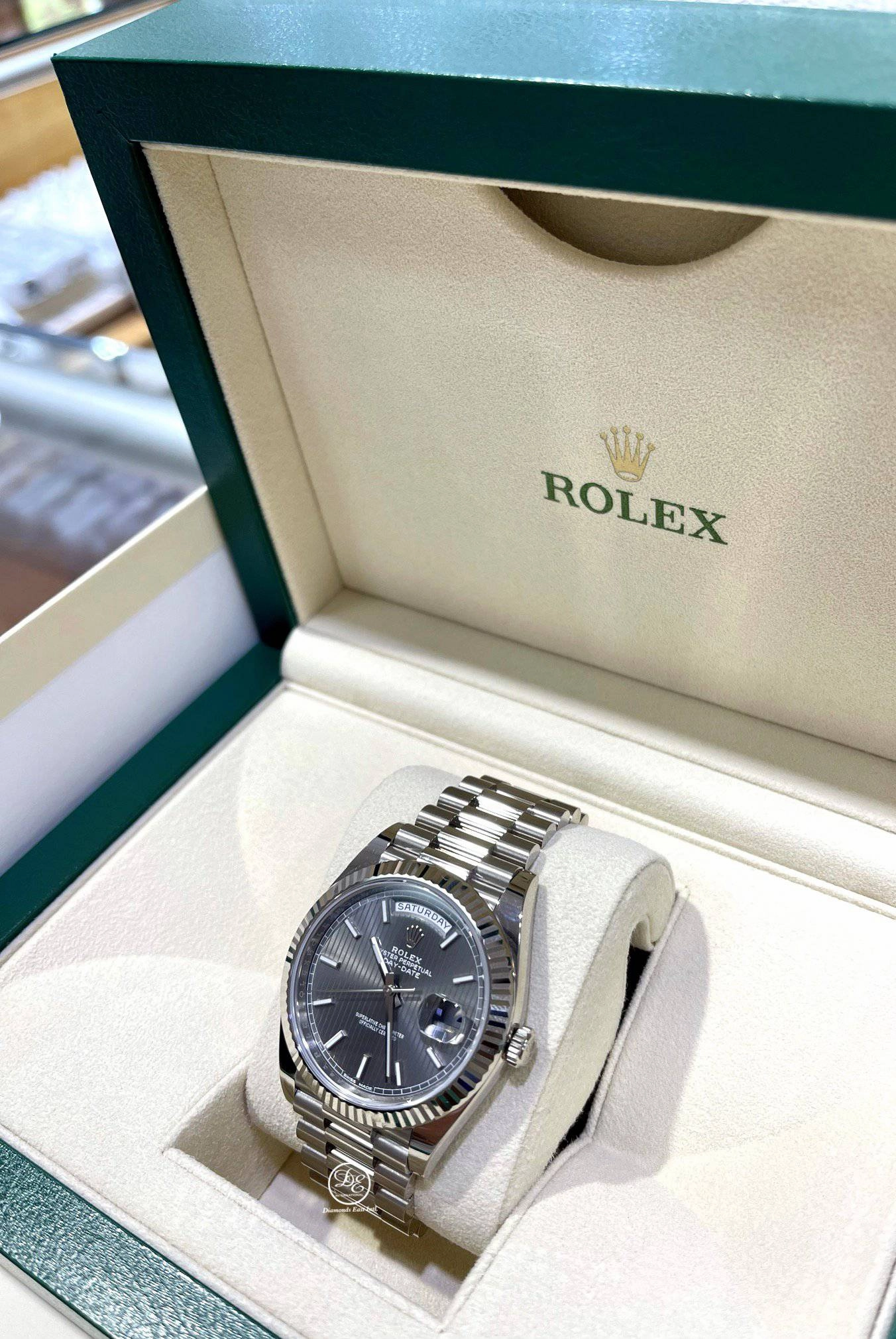 Rolex President Day-Date 40MM 228239 Grey Rhodium Tuxedo Dial PreOwned Box and Papers