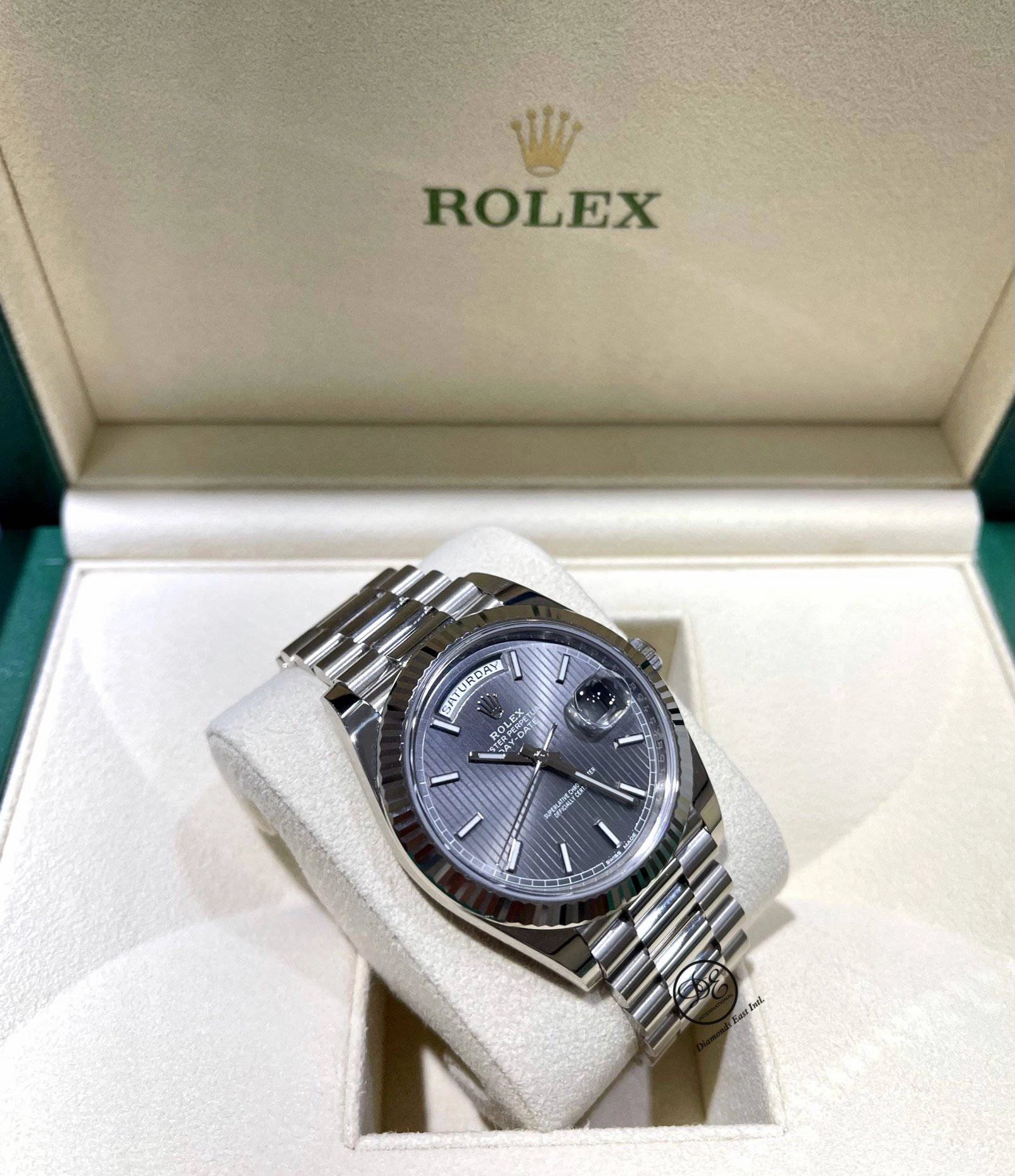 Rolex President Day-Date 40MM 228239 Grey Rhodium Tuxedo Dial PreOwned Box and Papers