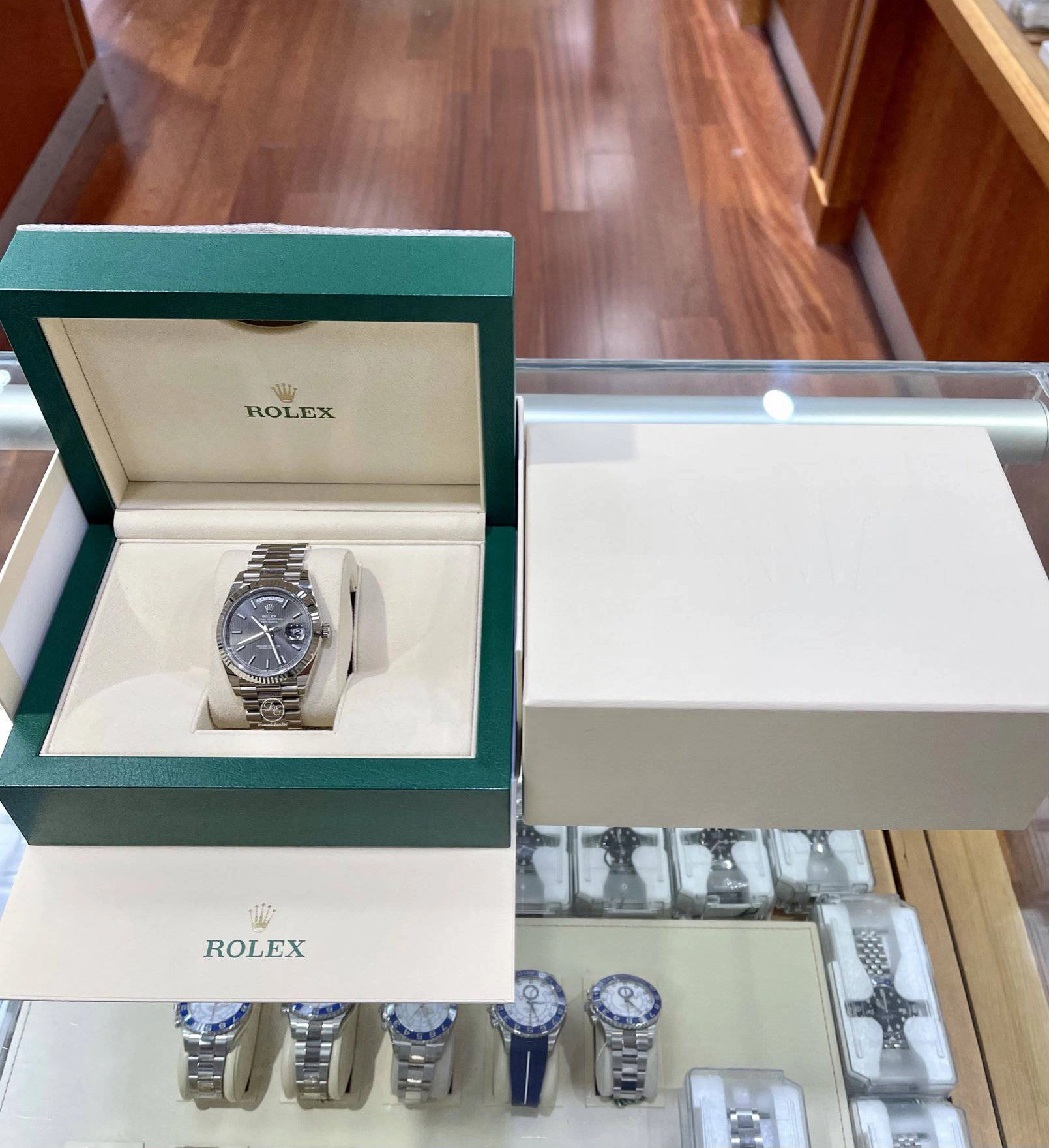 Rolex President Day-Date 40MM 228239 Grey Rhodium Tuxedo Dial PreOwned Box and Papers