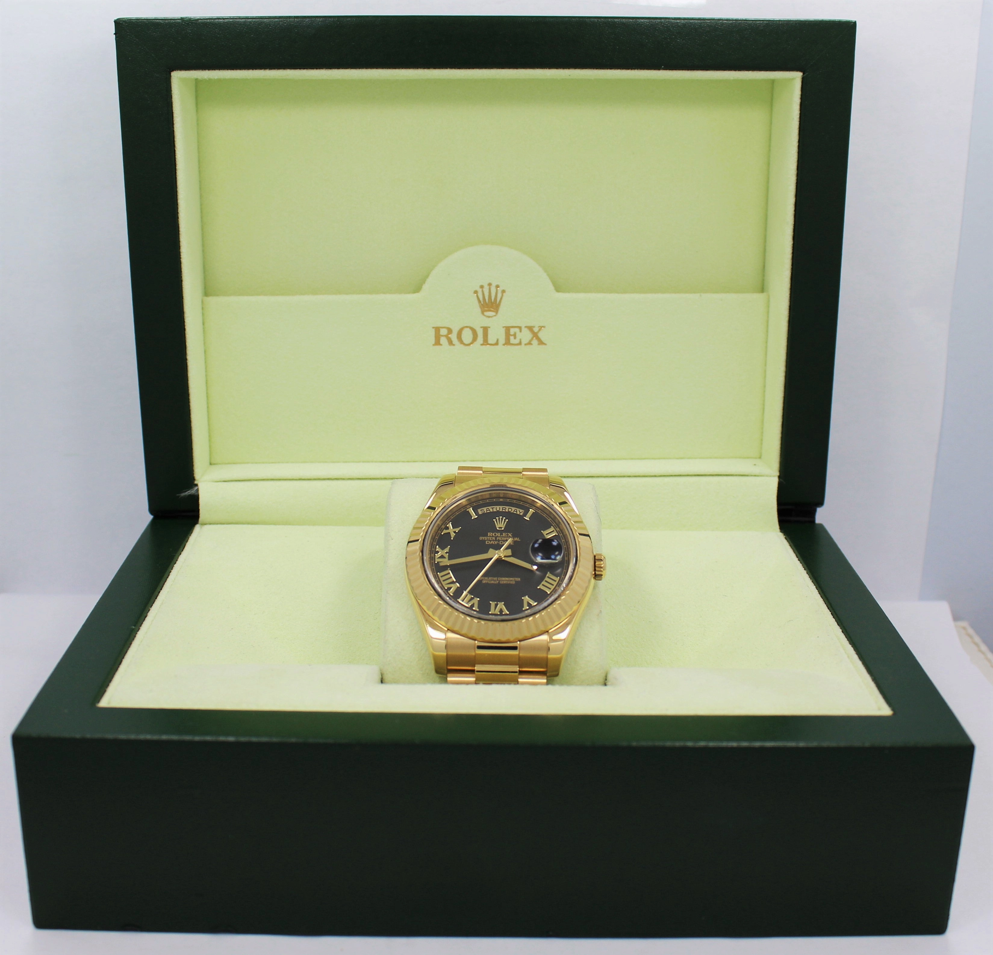 Rolex President Day-Date ii 218238 41mm Factory Black Roman Dial Mint Box/Papers