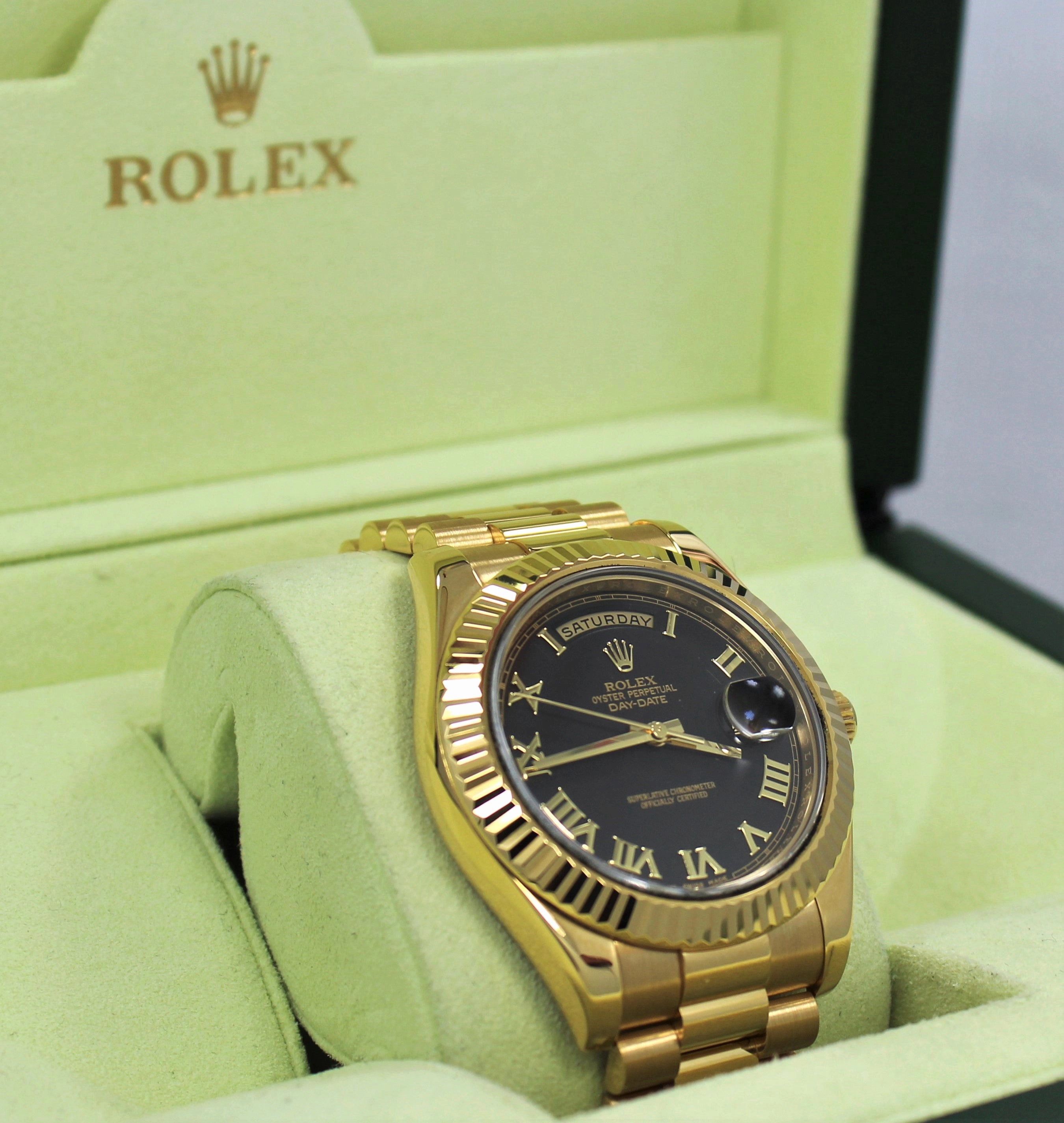 Rolex President Day-Date ii 218238 41mm Factory Black Roman Dial Mint Box/Papers