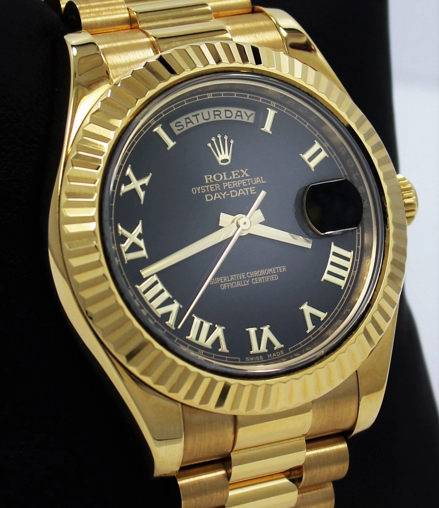 Rolex President Day-Date ii 218238 41mm Factory Black Roman Dial Mint Box/Papers