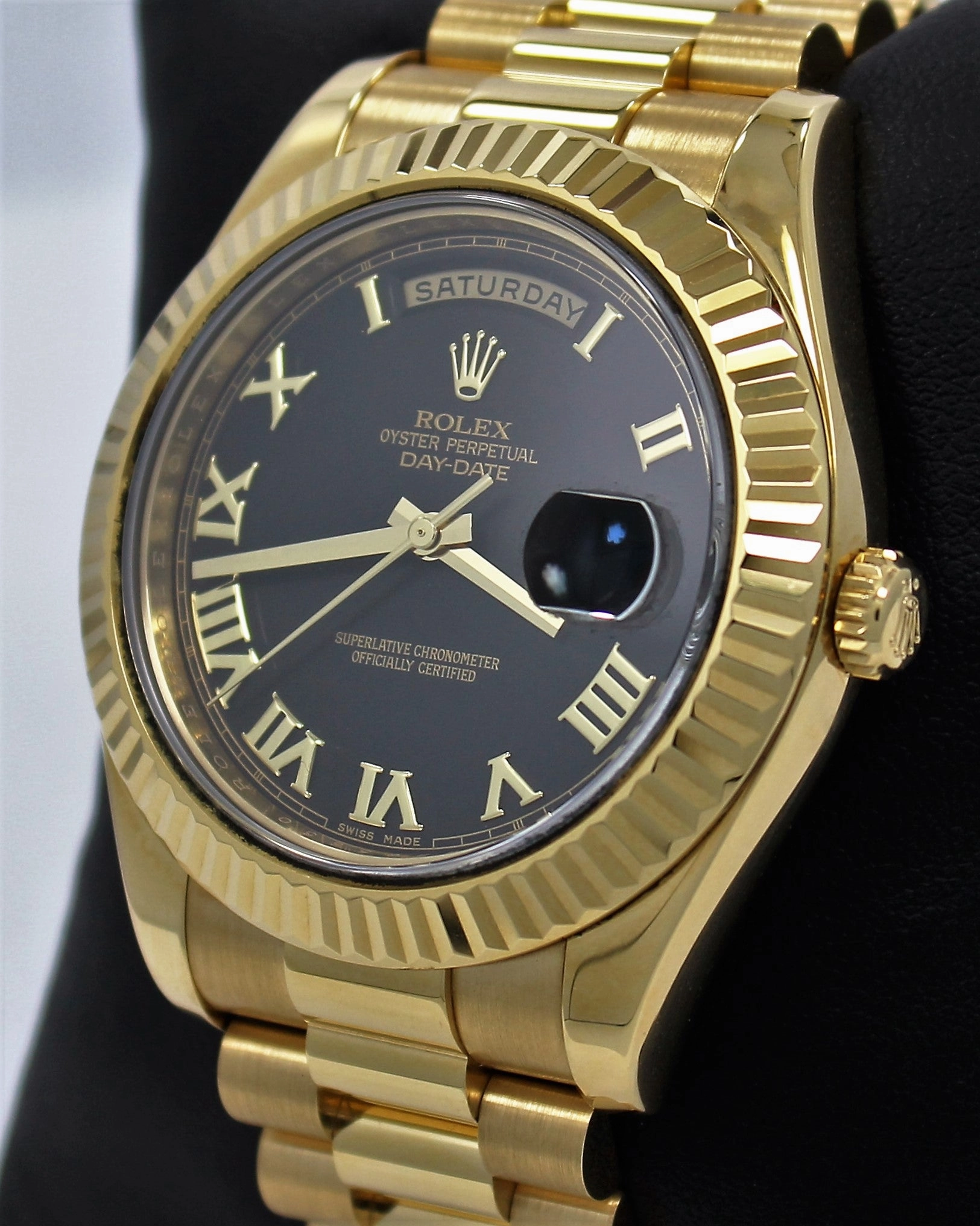 Rolex President Day-Date ii 218238 41mm Factory Black Roman Dial Mint Box/Papers