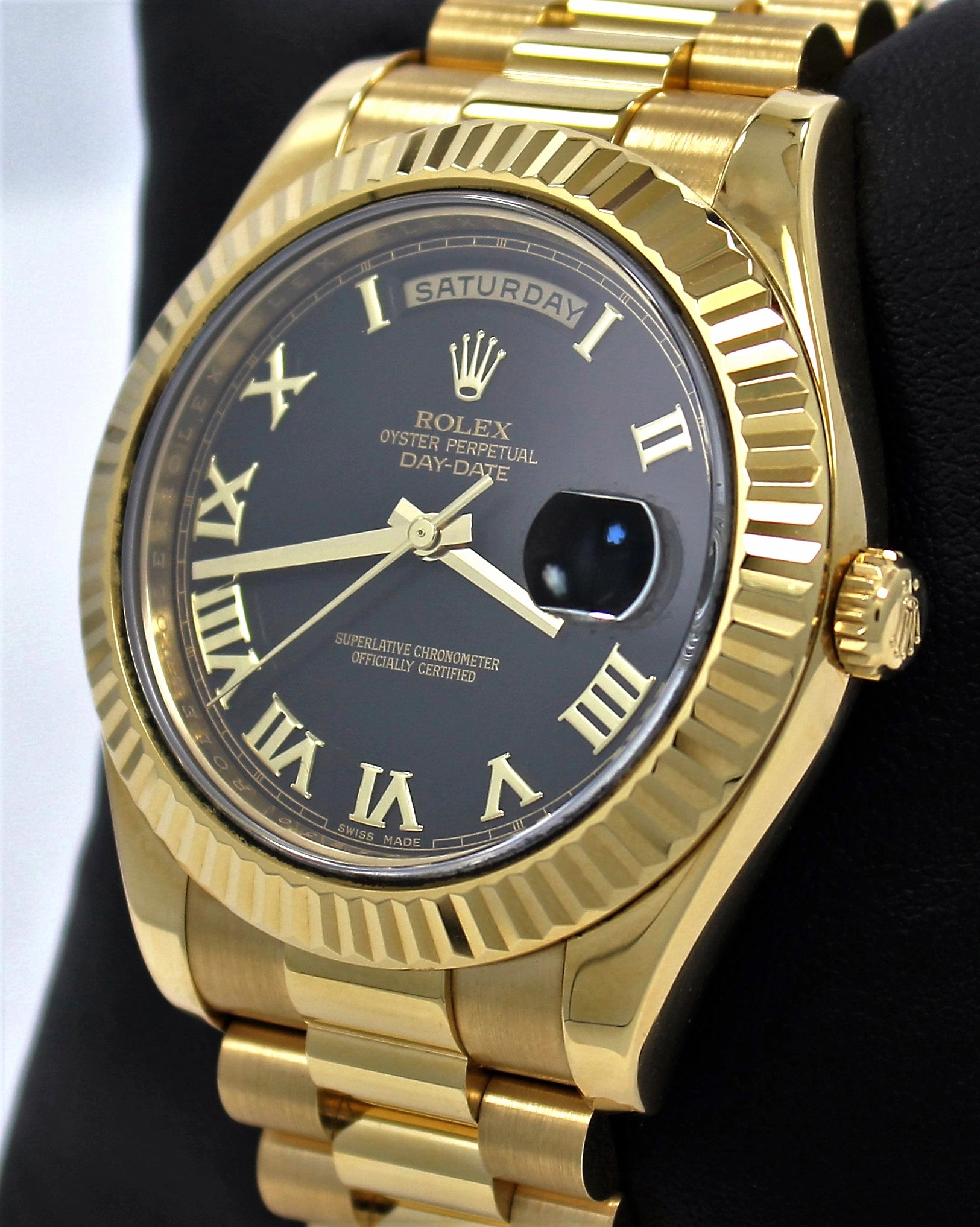 Rolex President Day-Date ii 218238 41mm Factory Black Roman Dial Mint Box/Papers