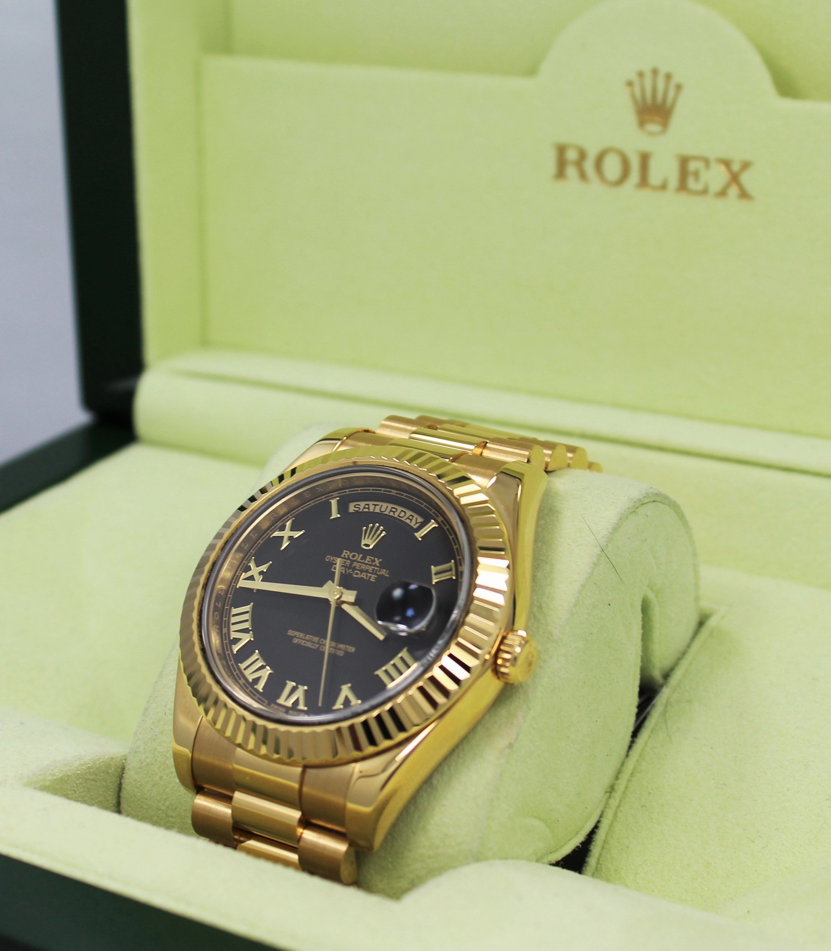 Rolex President Day-Date ii 218238 41mm Factory Black Roman Dial Mint Box/Papers