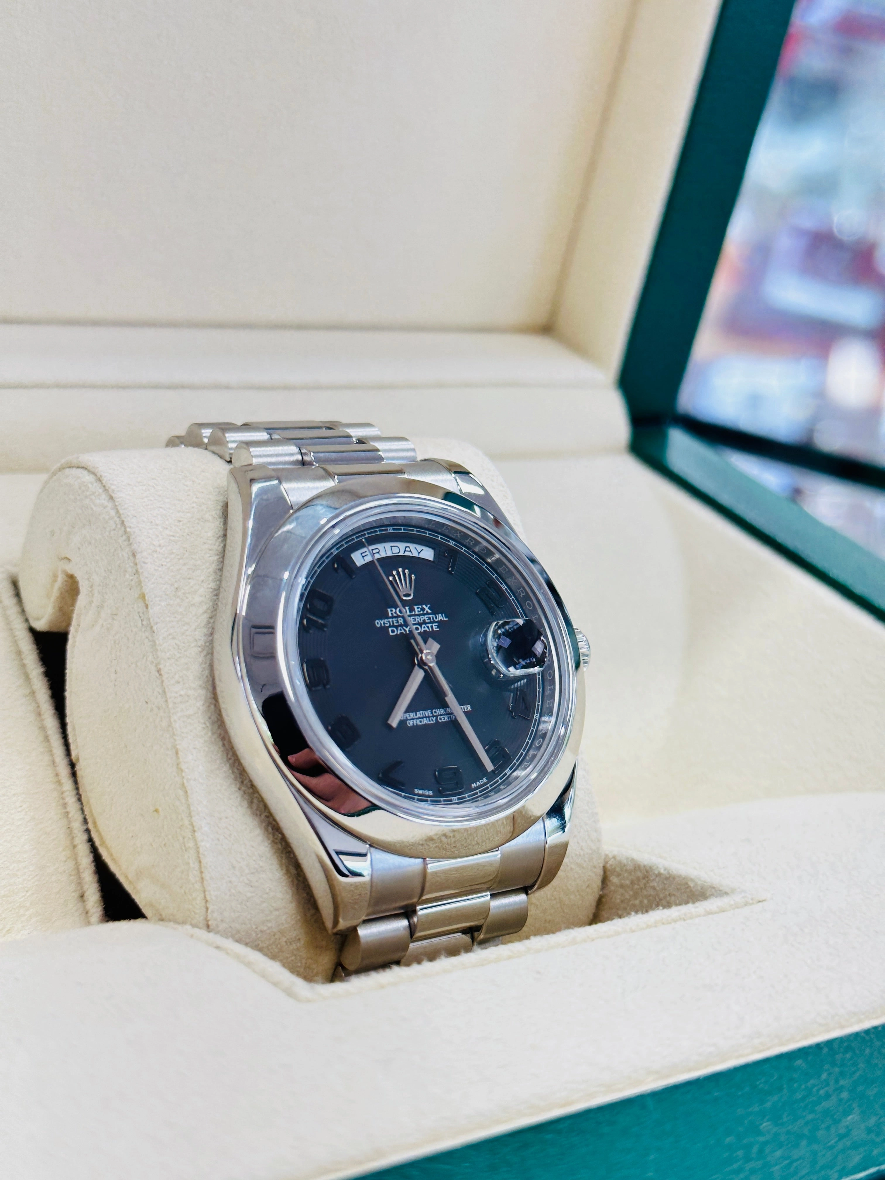 Rolex President Day-Date II 41mm Platinum Black Arabic Concentric Dial 218206 MINT Box and Papers