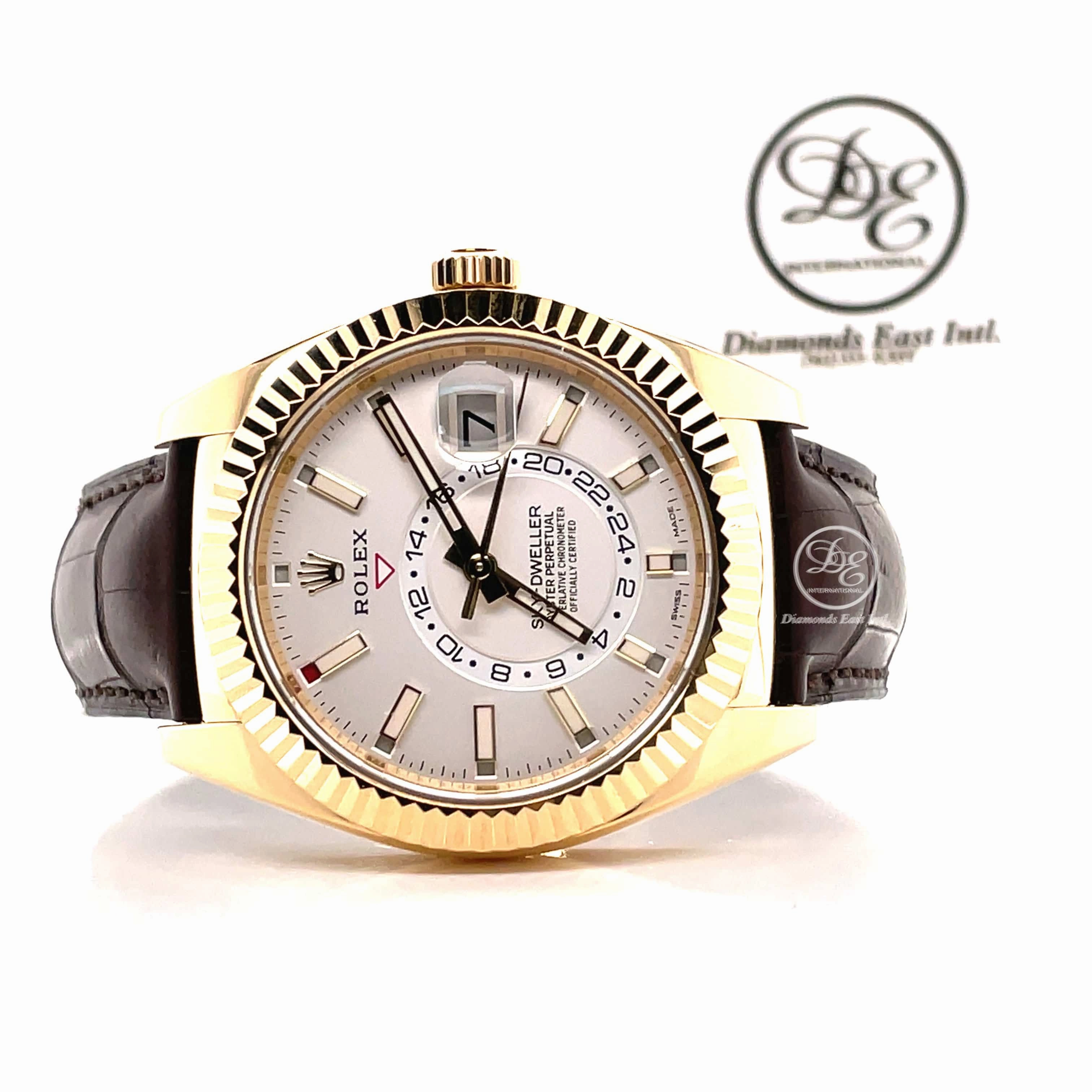 Rolex Sky-Dweller 326138 Perpetual 18K Yellow Gold On Leather Silver Dial Watch *MINT*