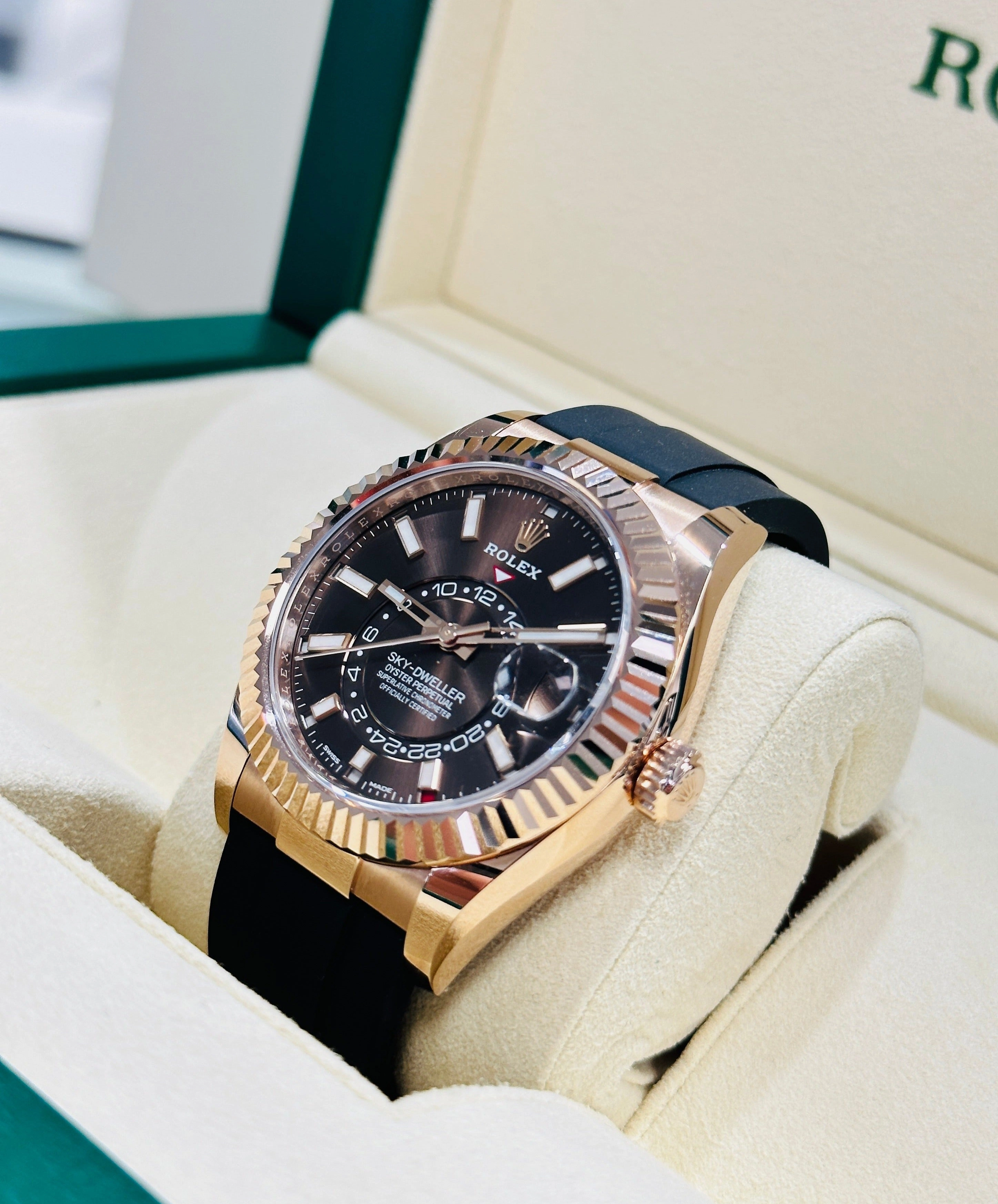 Rolex Sky-Dweller 326235 18K EverRose Gold Chocolate Dial 42 OysterFlex Box And Papers Unworn