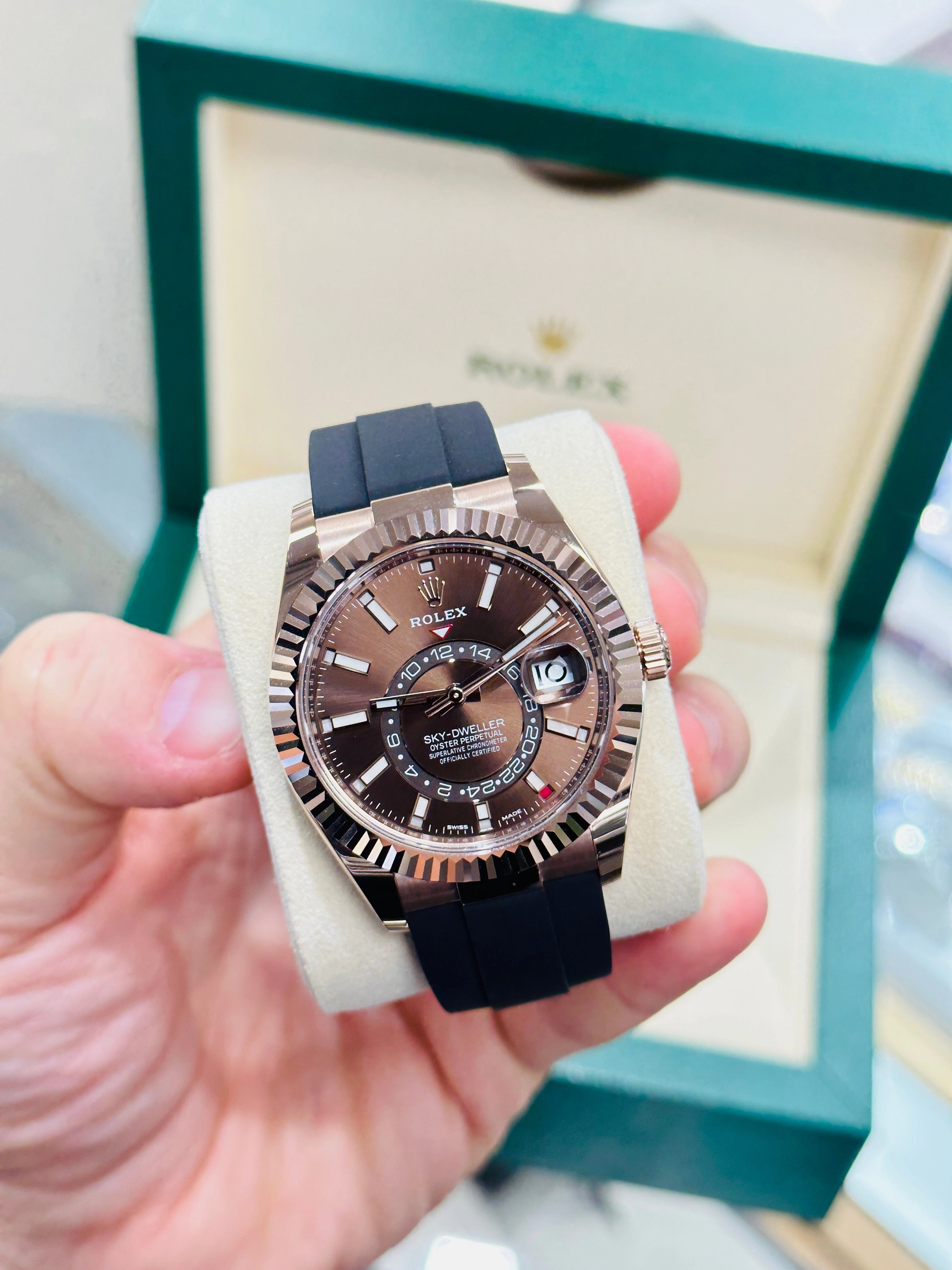 Rolex Sky-Dweller 326235 18K EverRose Gold Chocolate Dial 42 OysterFlex Box And Papers Unworn