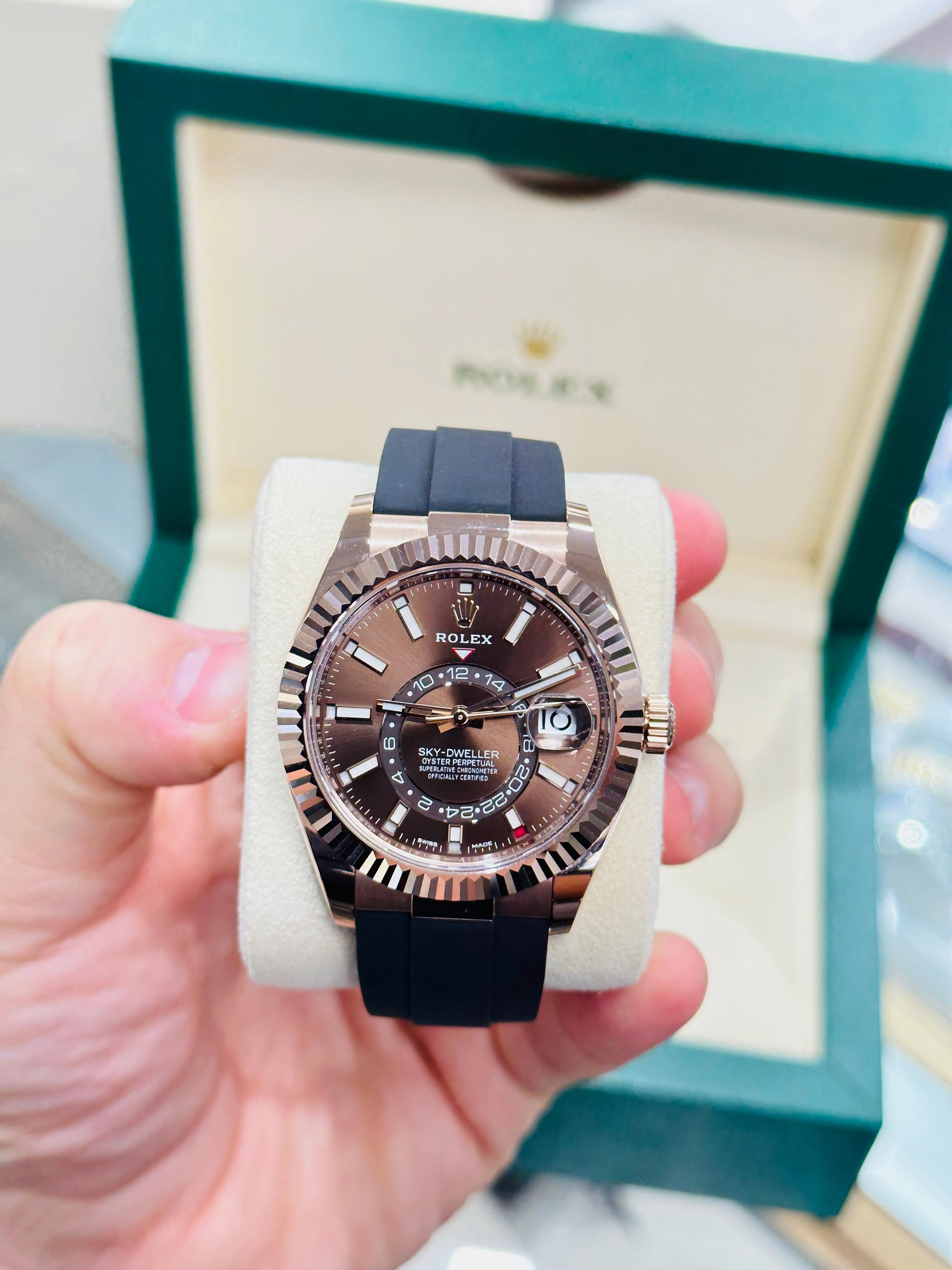 Rolex Sky-Dweller 326235 18K EverRose Gold Chocolate Dial 42 OysterFlex Box And Papers Unworn