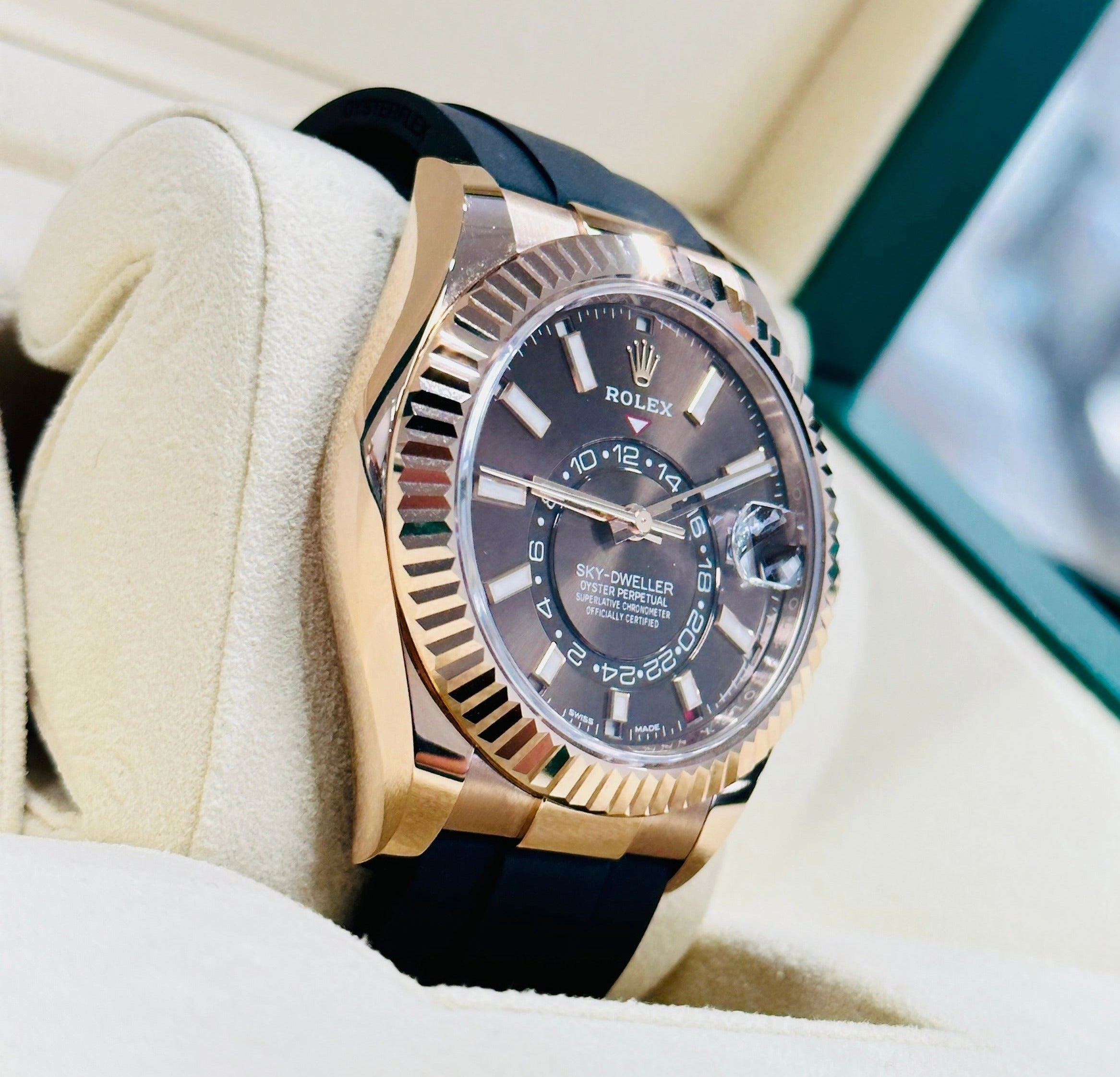 Rolex Sky-Dweller 326235 18K EverRose Gold Chocolate Dial 42 OysterFlex Box And Papers Unworn