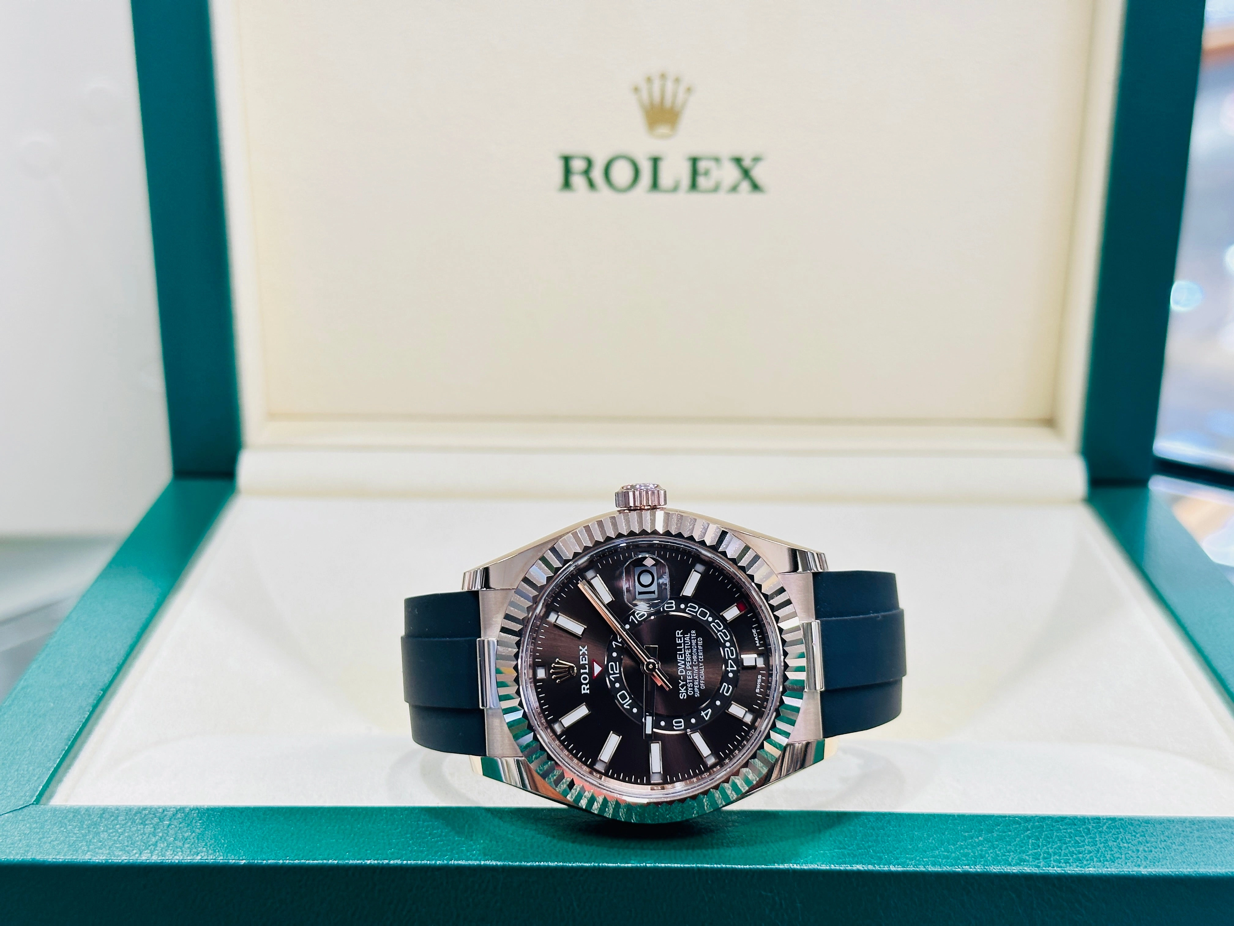 Rolex Sky-Dweller 326235 18K EverRose Gold Chocolate Dial 42 OysterFlex Box And Papers Unworn