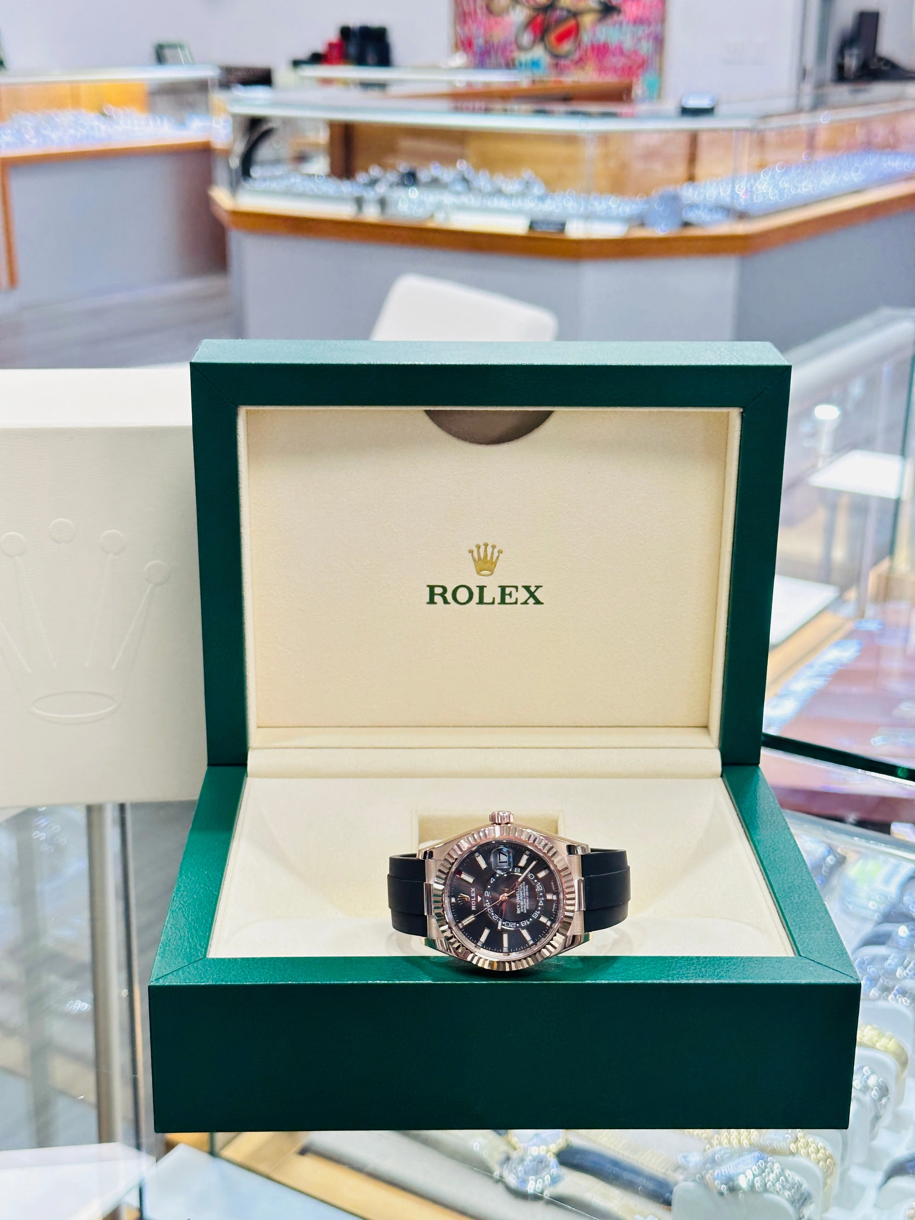 Rolex Sky-Dweller 326235 18k EverRose Gold Rhodium Dial 42 OysterFlex Box and Papers