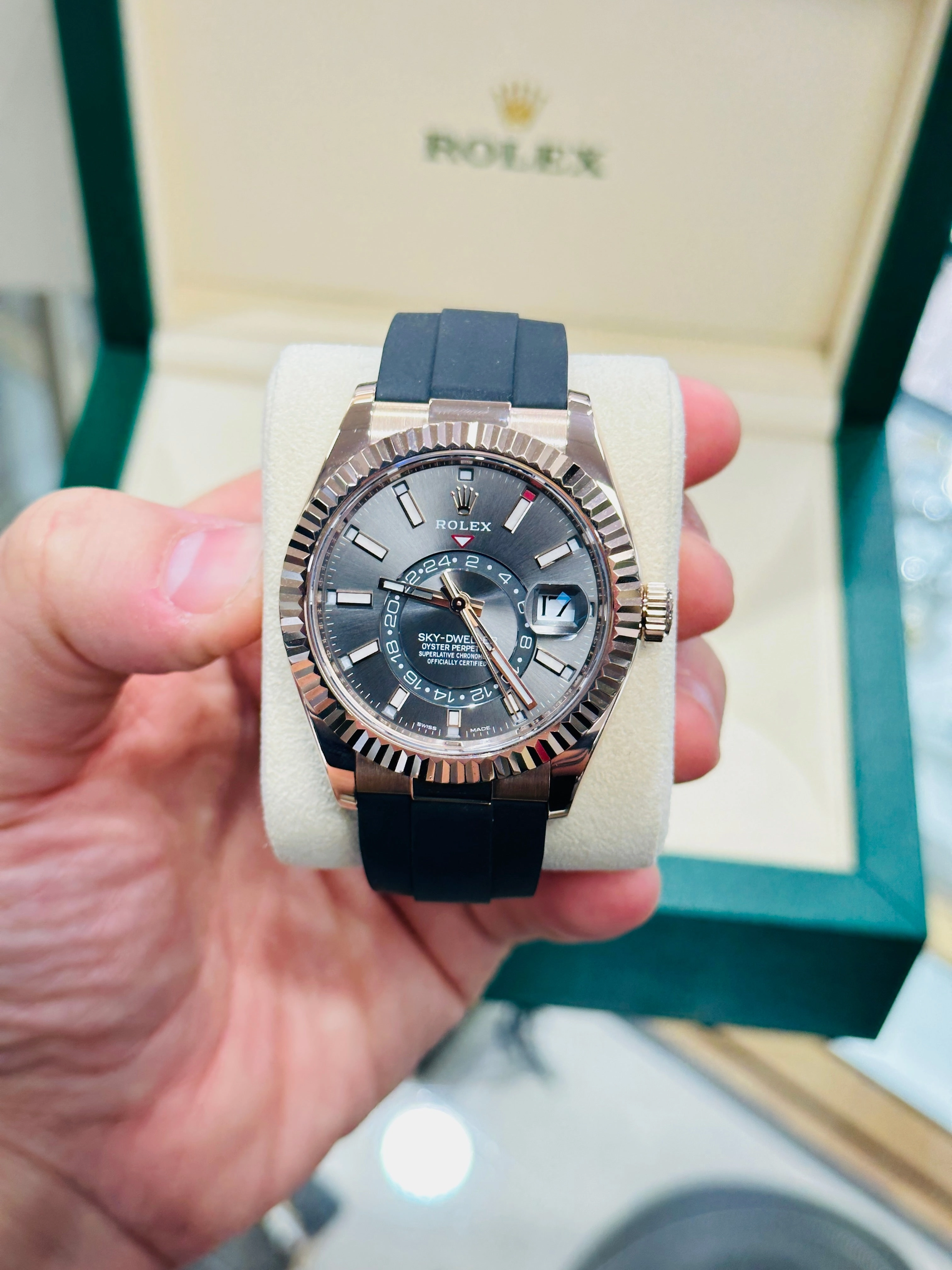 Rolex Sky-Dweller 326235 18k EverRose Gold Rhodium Dial 42 OysterFlex Box and Papers